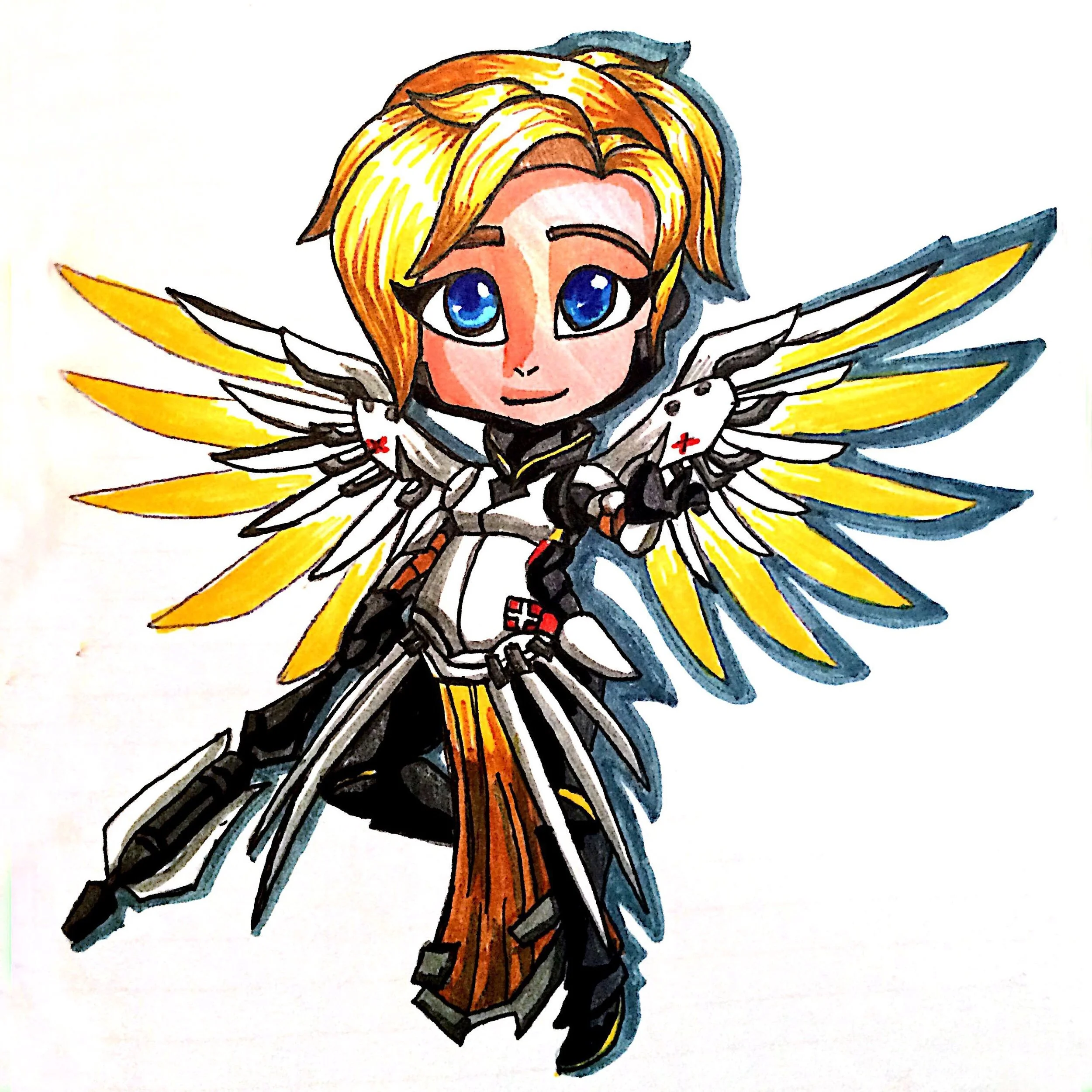 A colorful hand-drawn illustration of a fantasy creature with a humanoid face, big blue eyes, blonde hair, and elaborate yellow and white wings.