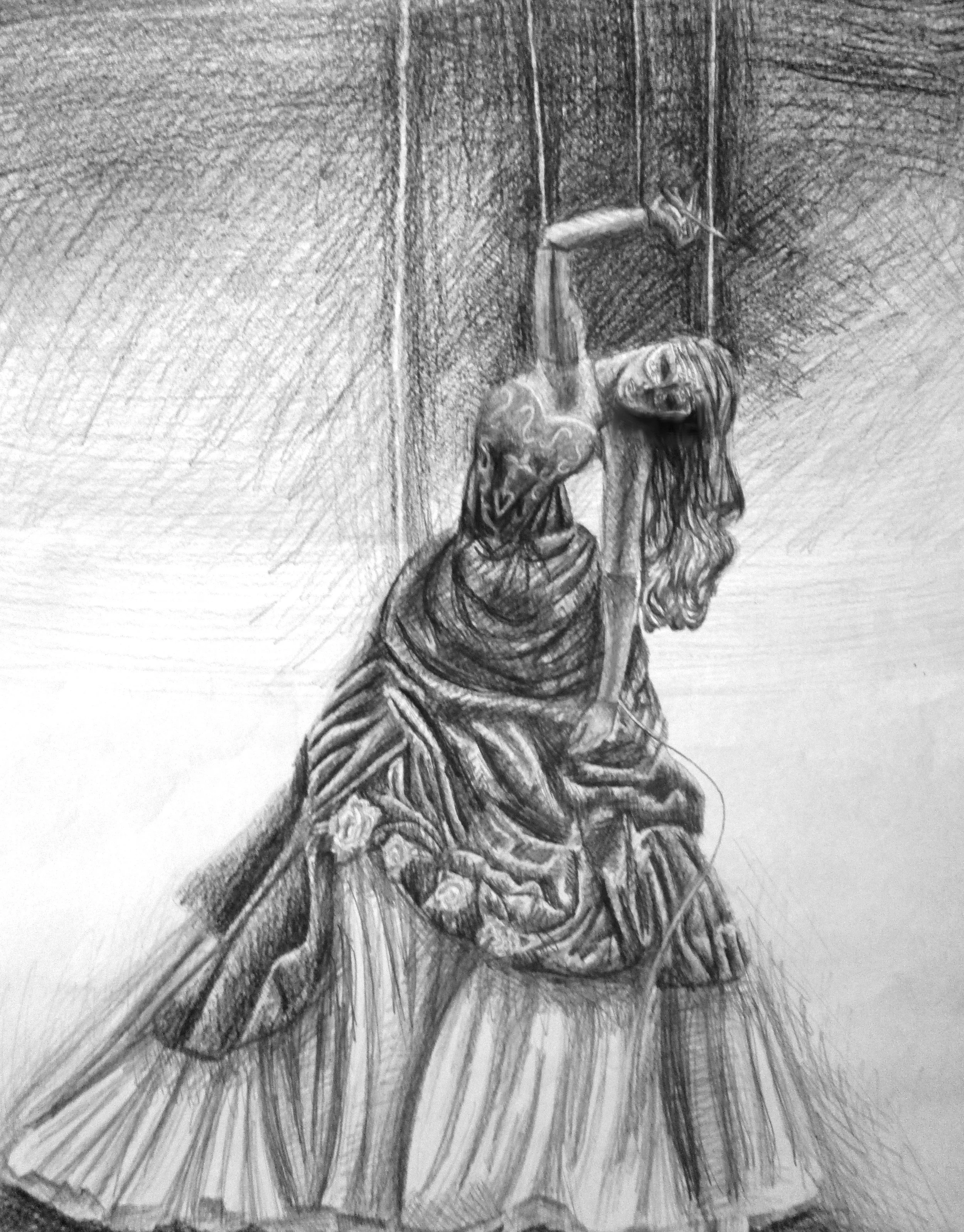 A detailed pencil sketch of a woman in a long flowing dress holding a sword, standing against a large, textured wall or backdrop with radiating lines.