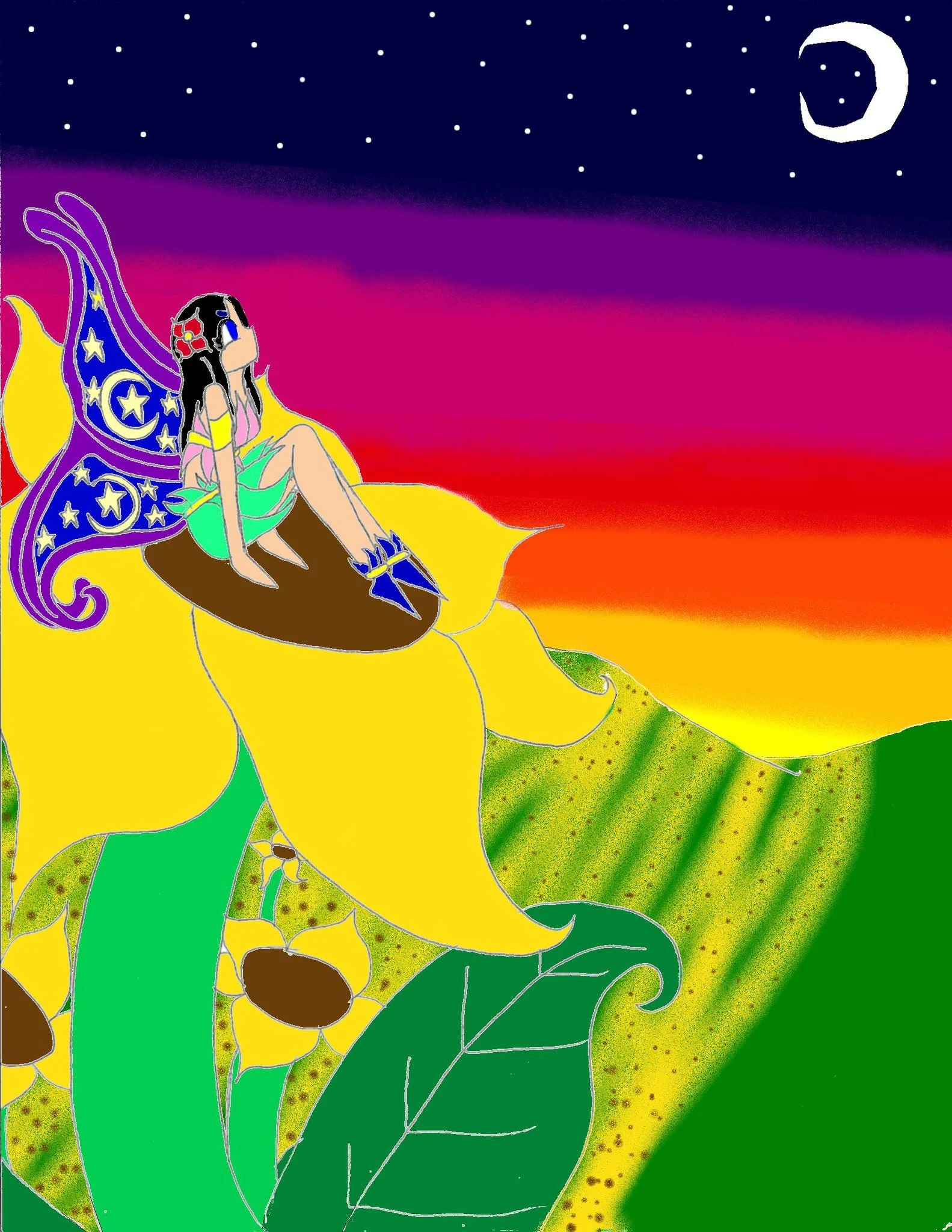 A digital drawing of a girl with wings sitting on a large yellow flower. The background depicts a night sky with stars, a crescent moon, and a colorful gradient transitioning from purple to orange.