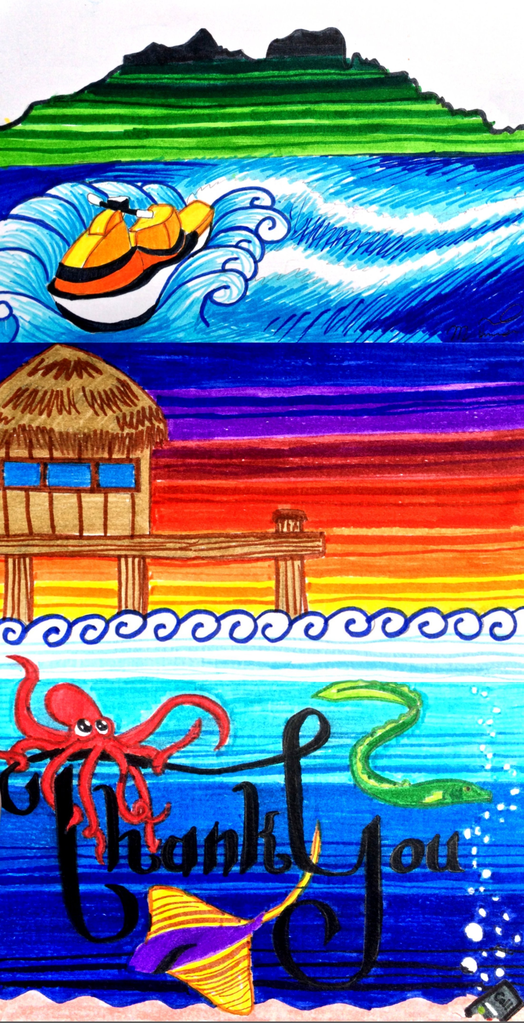 Colorful drawing of a tropical beach scene with a thatched hut on stilts over the water, a sunset with vibrant orange, red, purple, and yellow hues, a boat with a yellow sail and orange body in the ocean, an octopus in the water, and a message that s