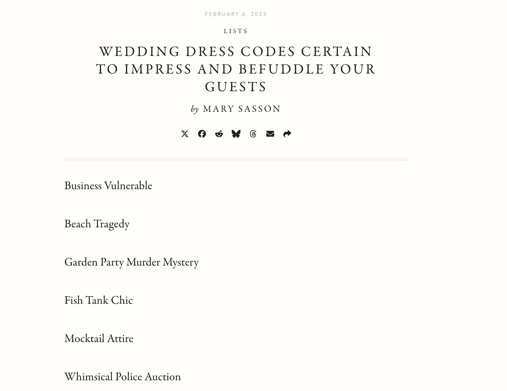 List of various titles and topics, including wedding dress codes, business vulnerability, beach tragedy, garden murder mystery, fish tank chic, mocktail attire, and a whimsical police auction, dated February 6, 2023.