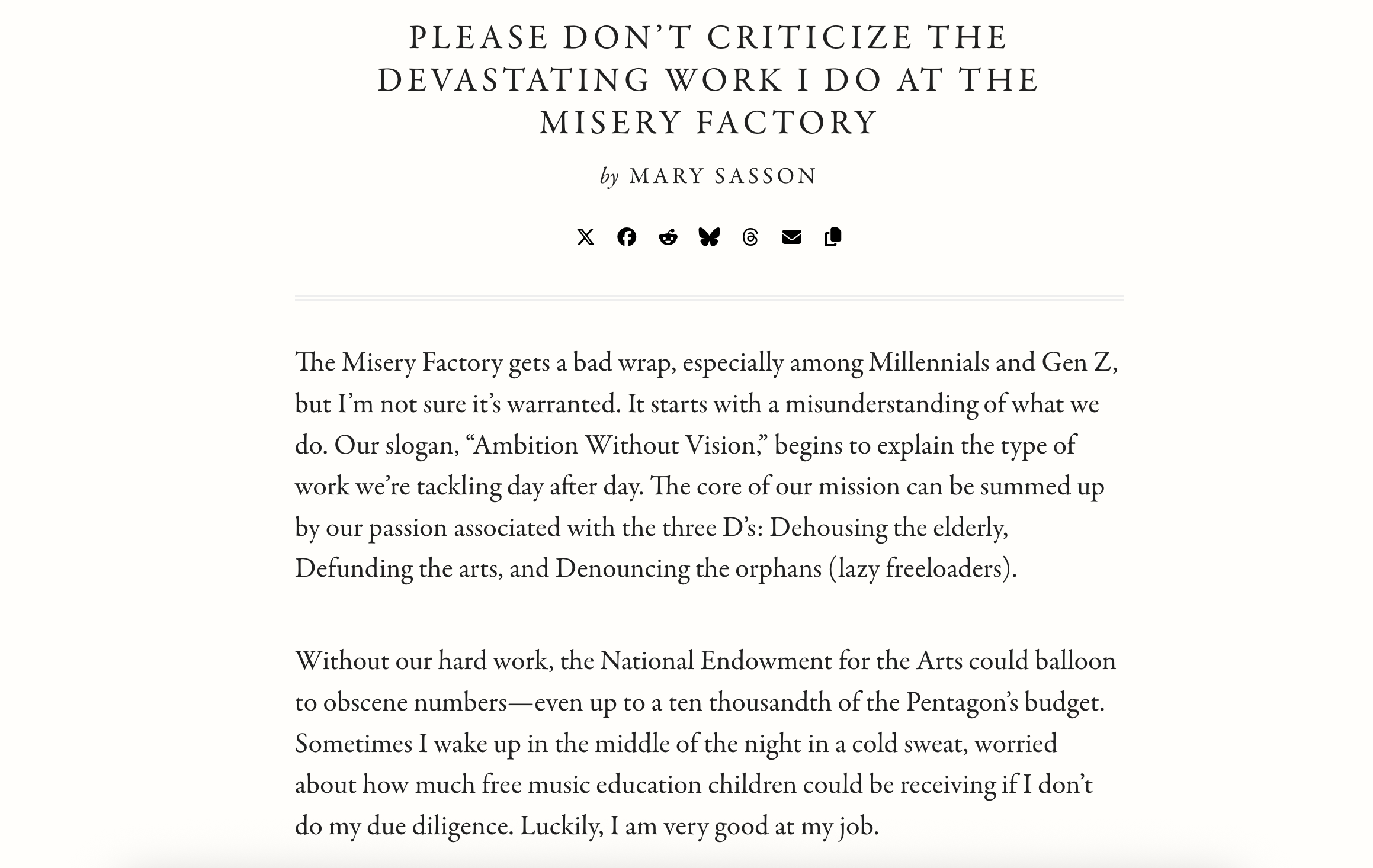 Title page of a book or article titled "Please don't criticize the devastating work I do at the Misery Factory" by Mary Sasson, with social media icons below and text discussing the Misery Factory's work.