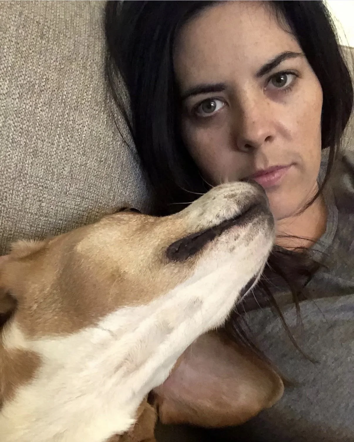 A woman with dark hair and light skin lying on a couch with a brown and white dog, which is licking her face.