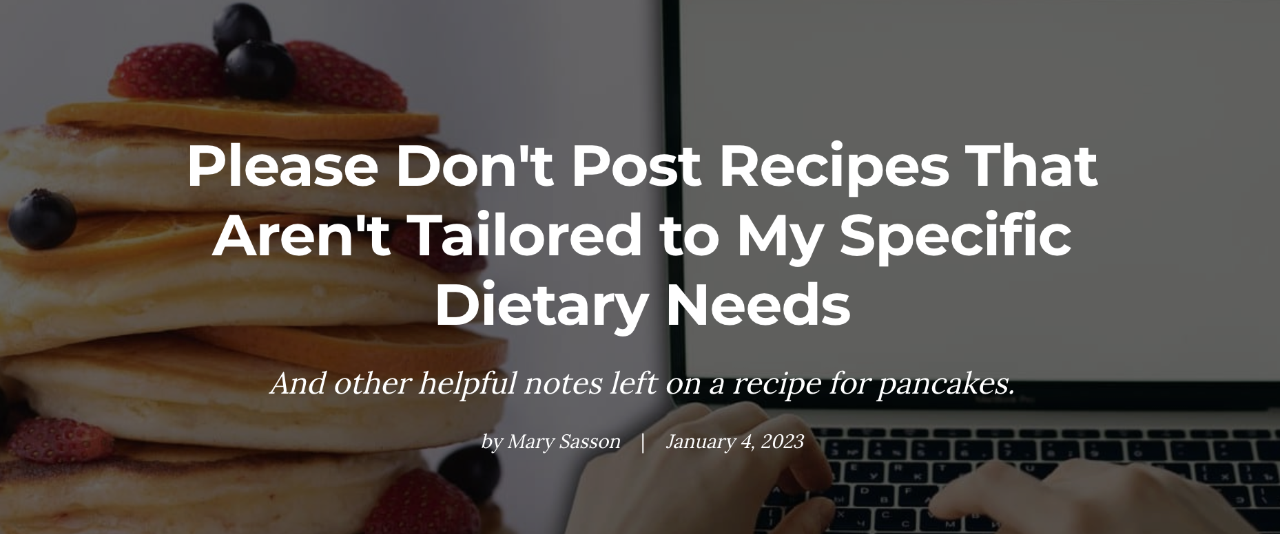 Title slide of a blog post or article about customized pancake recipes, with a stack of pancakes topped with berries and a person typing on a laptop in the background.
