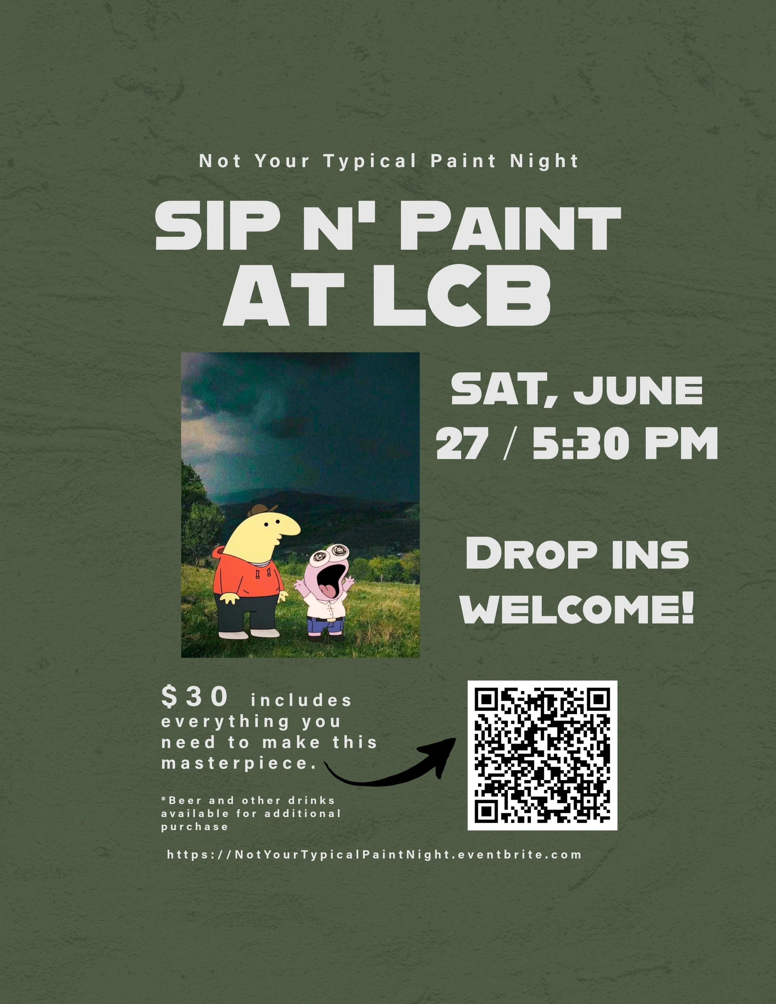 DROP INS WELCOME! 🤗 

This Saturday!

Come explore some existential dread with this lovely landscape featuring everyone&rsquo;s favorite Smiling Friends: Pim and Charlie!

@localcraftbeer 

Saturday

June 27th

5:30 Pm

Everything provided to paint 