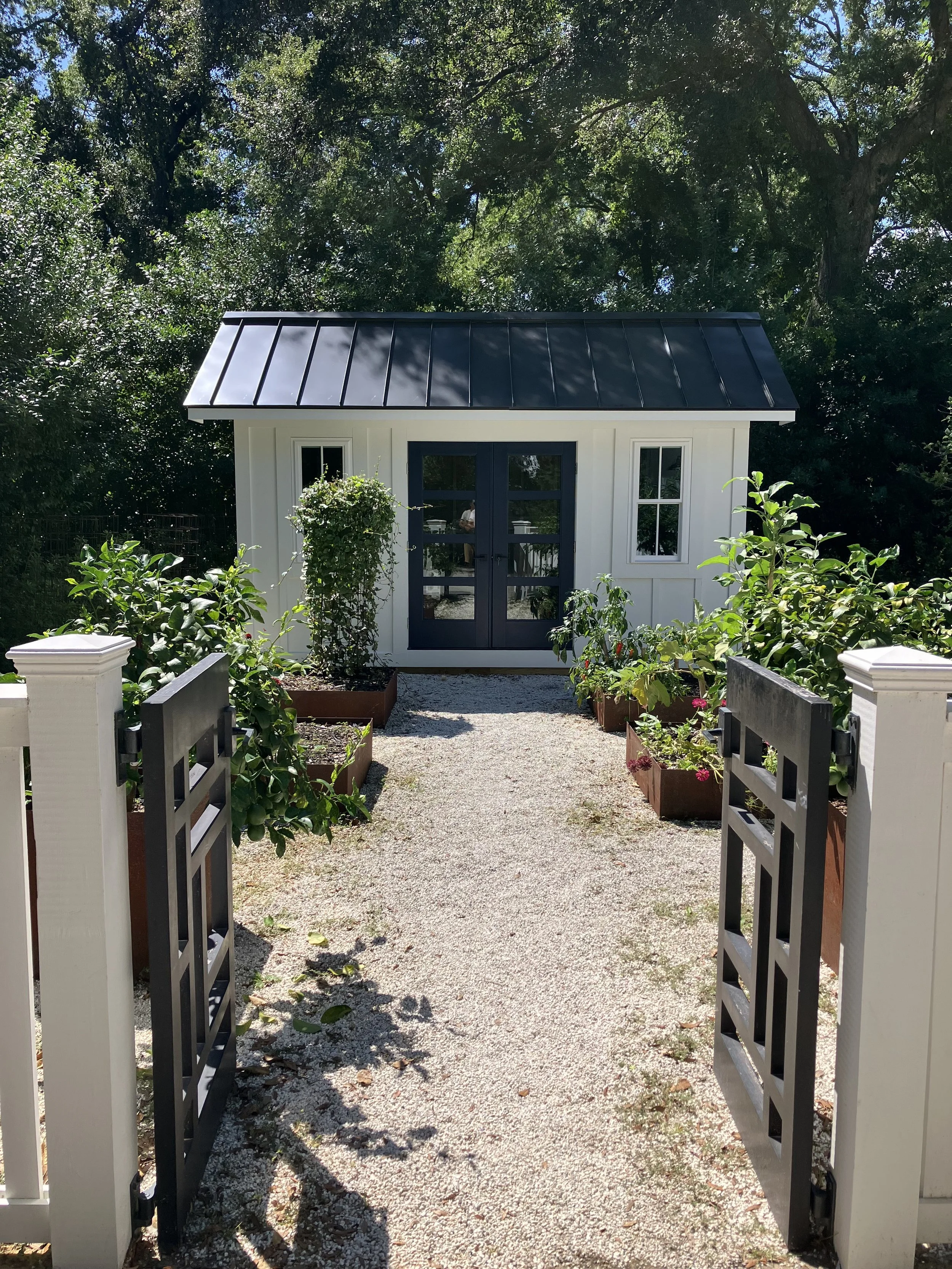 Custom garden shed and garden gate