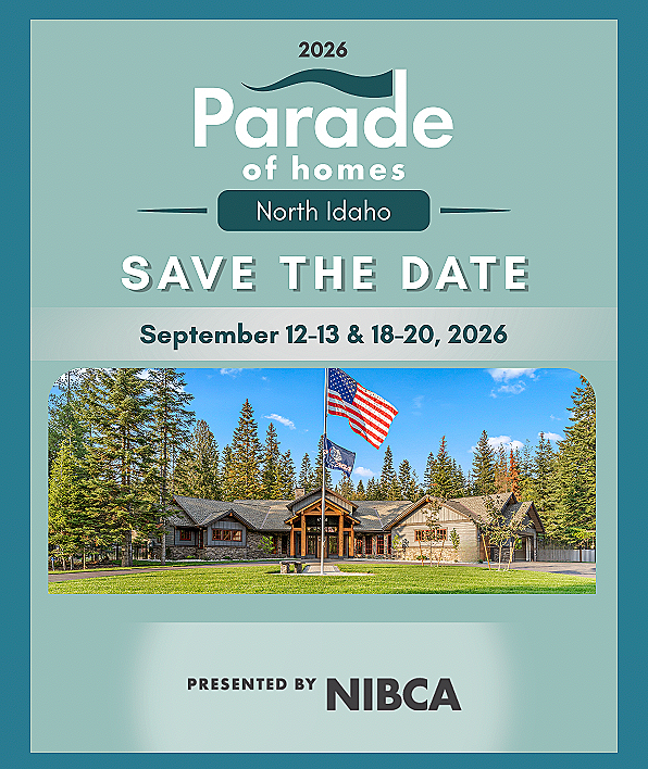 A promotional flyer for the 2026 Parade of Homes in North Idaho, scheduled for September 12-13 and 18-20. The flyer features a large image of a house surrounded by trees, with American and Idaho flags flying in front.