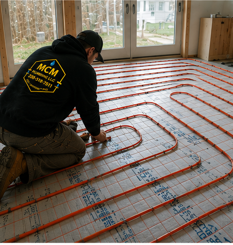 An MCM Plumbing LLC worker installing underfloor, radiant floor heating, heating pipes on a concrete floor inside a house, with large windows showing an outdoor yard.