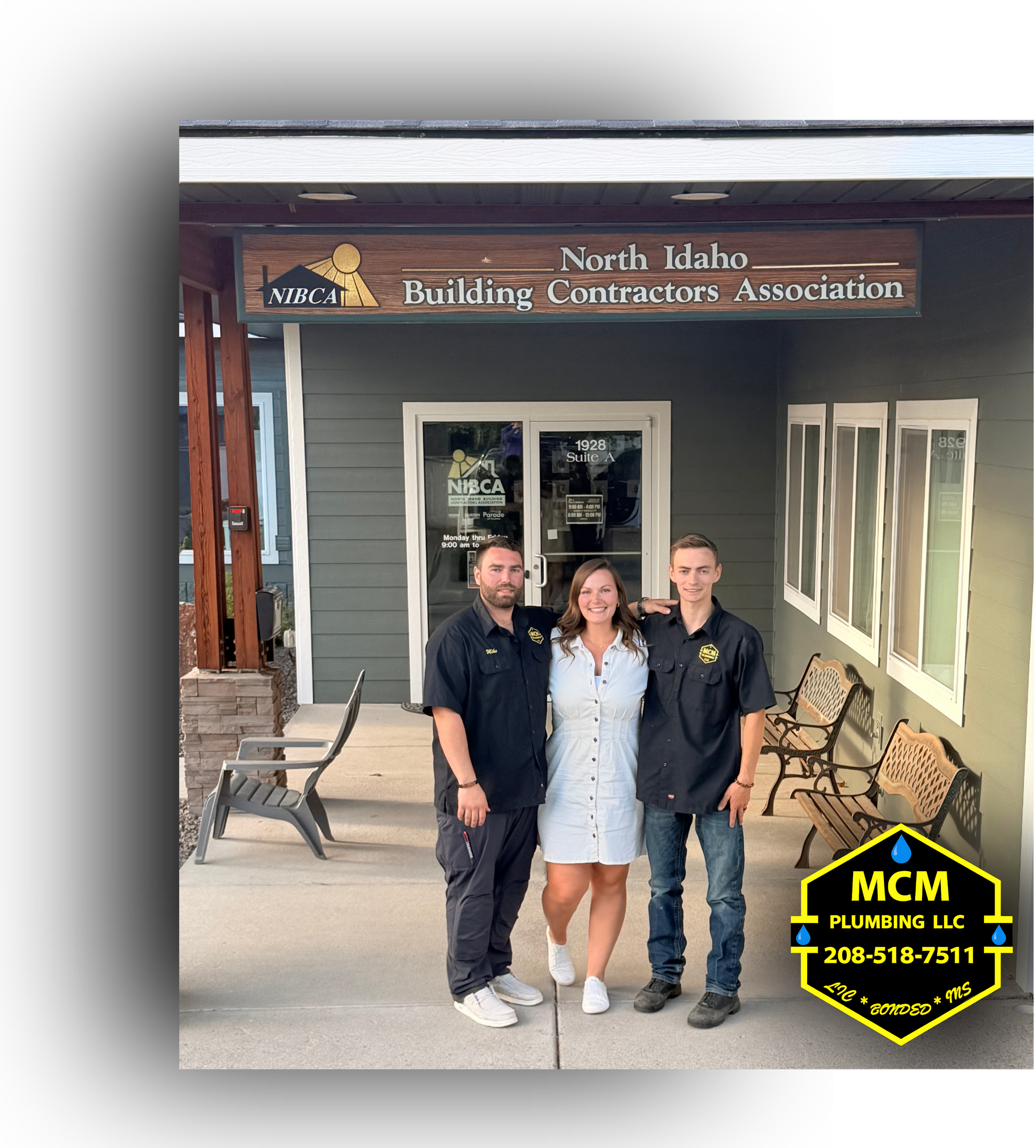 MCM Plumbing LLC standing outside of "North Idaho Building Contractors Association." which they are members of.
