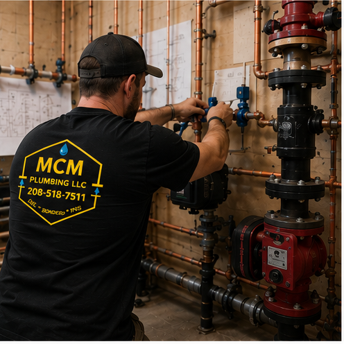 A plumber working on copper pipes and valves in a building's plumbing system.