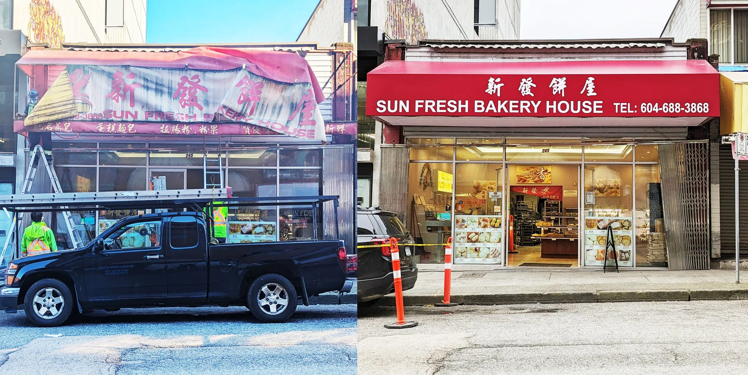 The image shows two storefronts side by side. On the left, a building is under construction with workers wearing safety vests, and a black pickup truck parked in front. On the right, a bakery named 'Sun Fresh Bakery House' has a red sign and a glass storefront displaying baked goods.