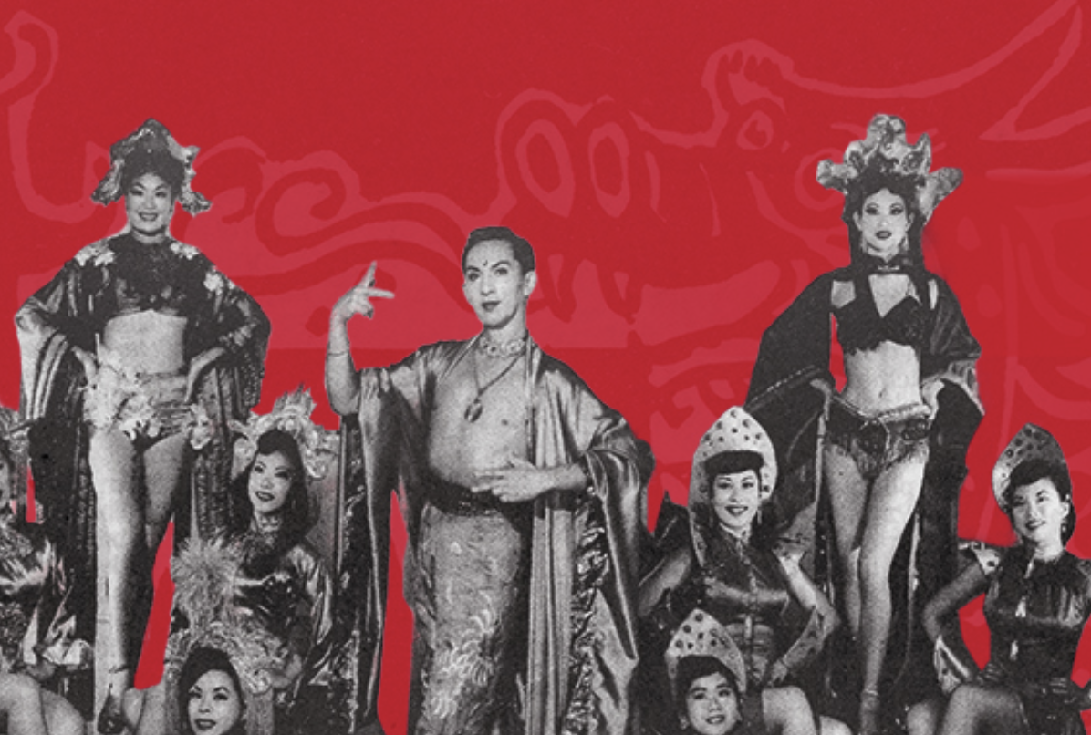 Black and white photo of a group of performers dressed in elaborate costumes with a red background and a dragon illustration.
