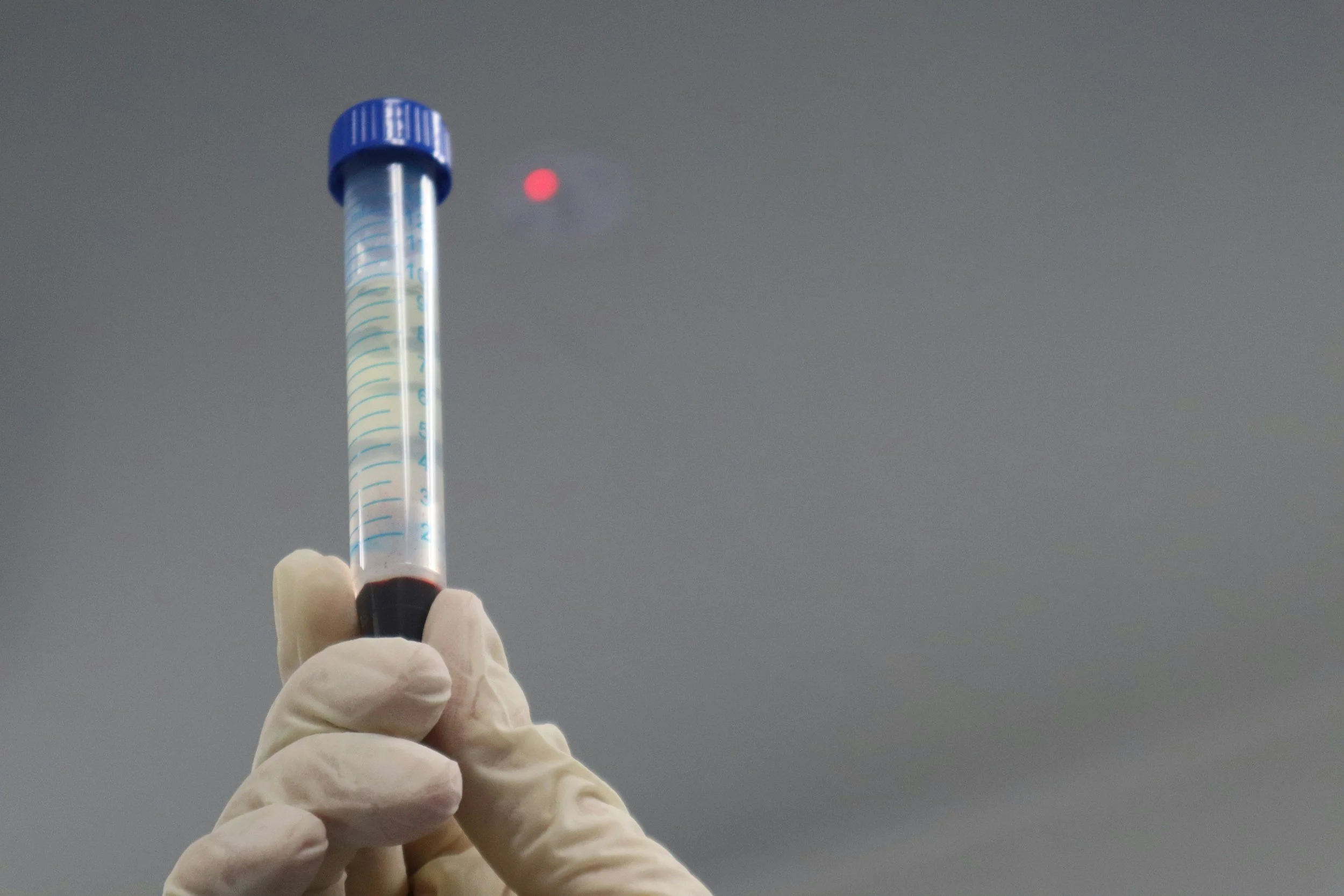A gloved hand holding a laboratory test tube with a blue cap, containing a blood sample, against a gray background.