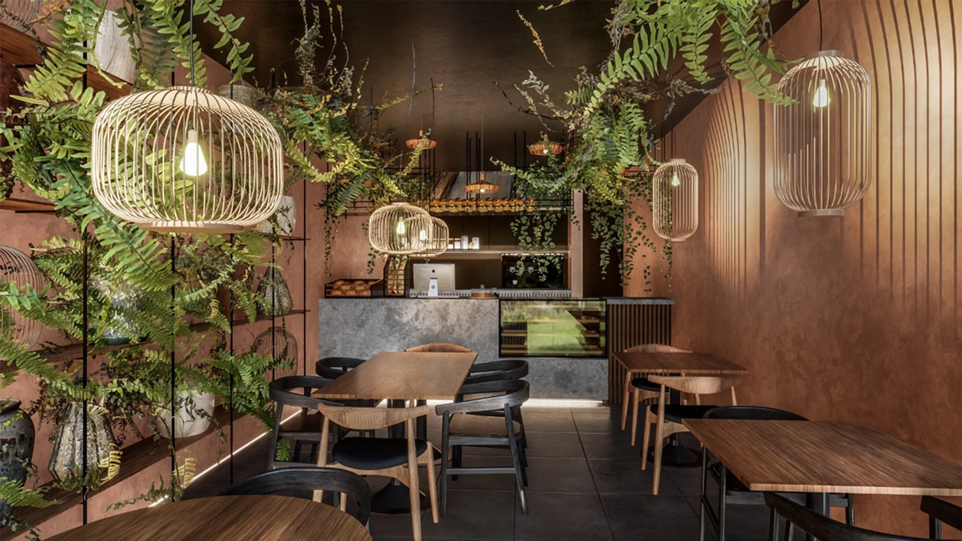 Render arquitectónico de coffee bar Malena Tulum