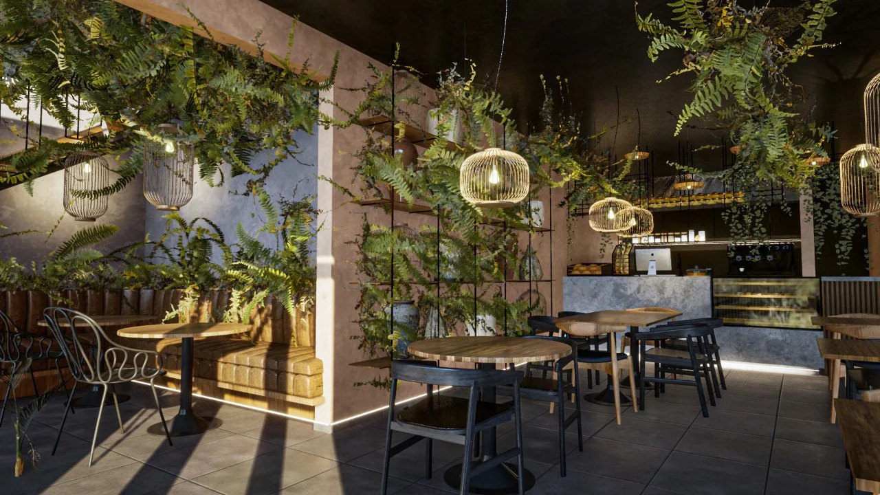 Render arquitectónico de coffee bar Malena Tulum