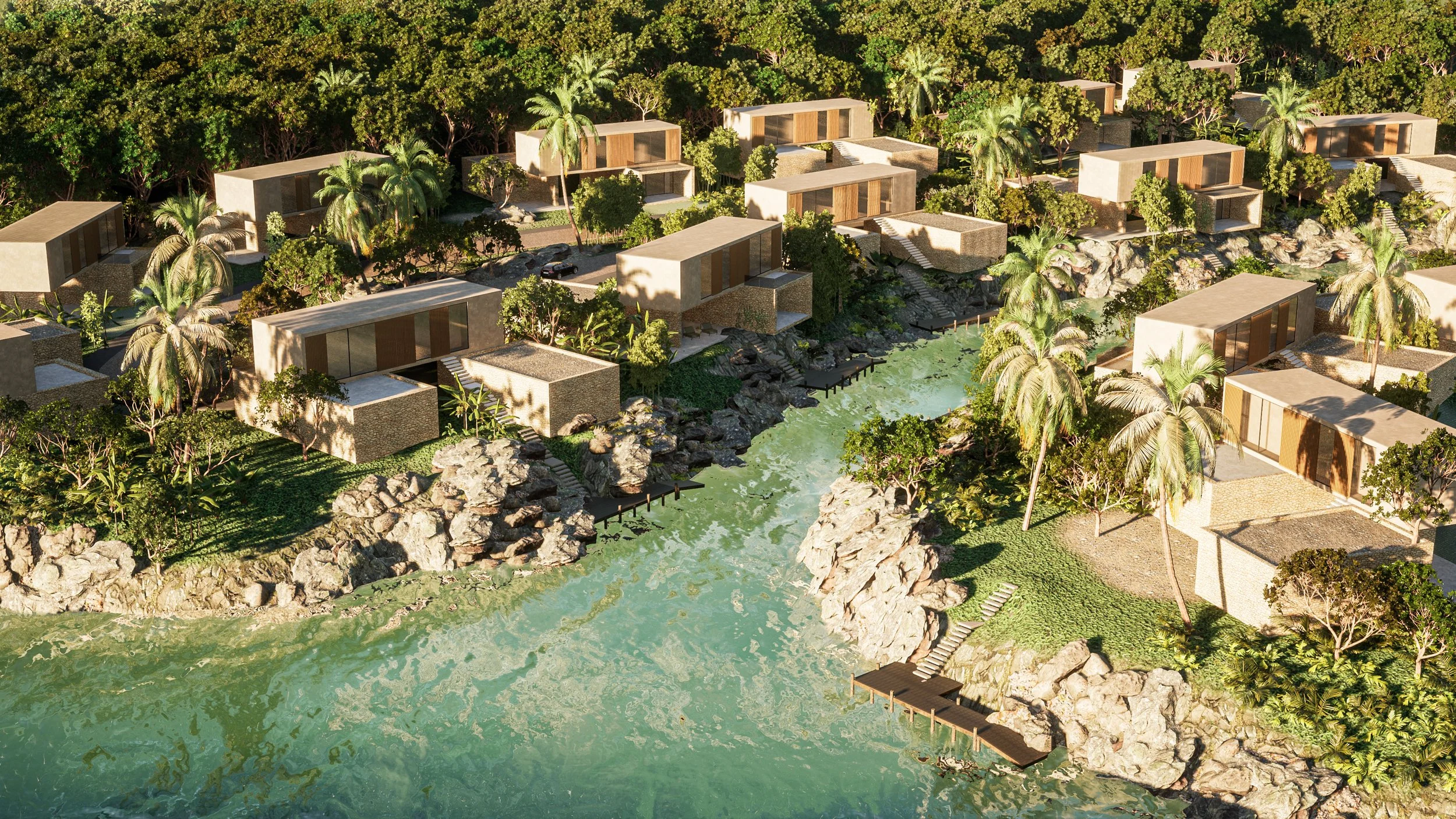 Render arquitectónico del proyecto Luzia en la Riviera Maya, mostrando 245 lotes residenciales con un diseño contemporáneo y exclusivo rodeado de naturaleza.