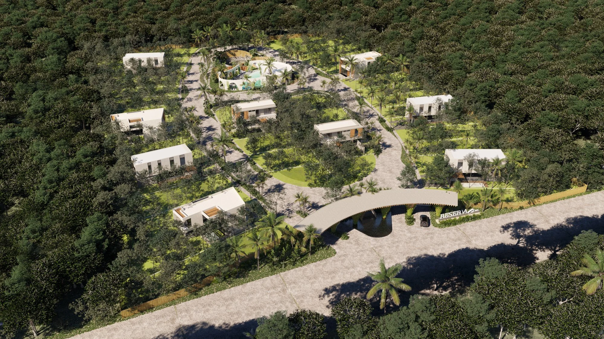 Vista aérea de Reserva Gaia, un proyecto residencial de 42 lotes en construcción en la Riviera Maya.