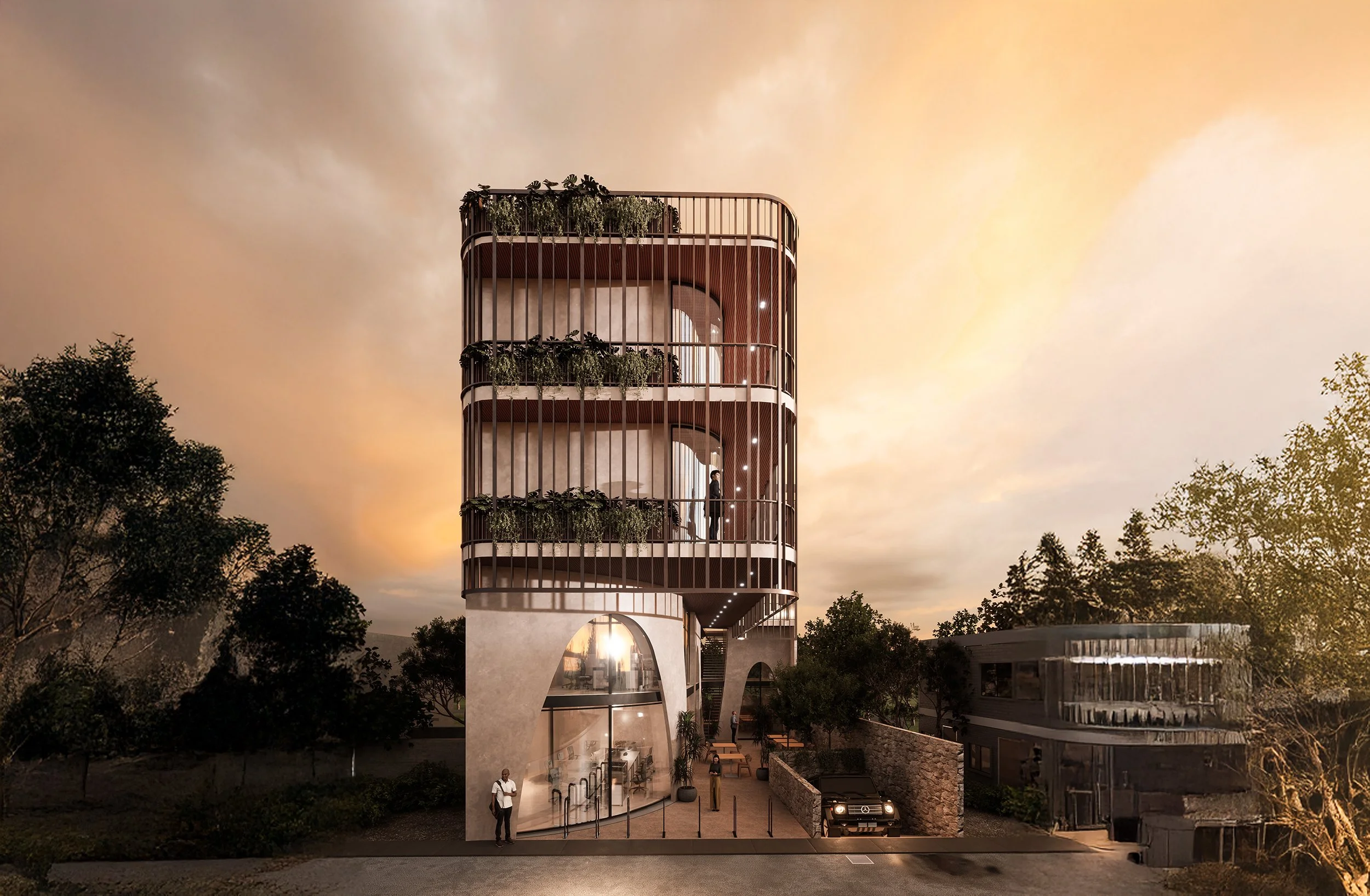 Torre de oficinas corporativas en Tulum Downtown, espacios de trabajo modernos con diseño minimalista y vistas al entorno urbano.