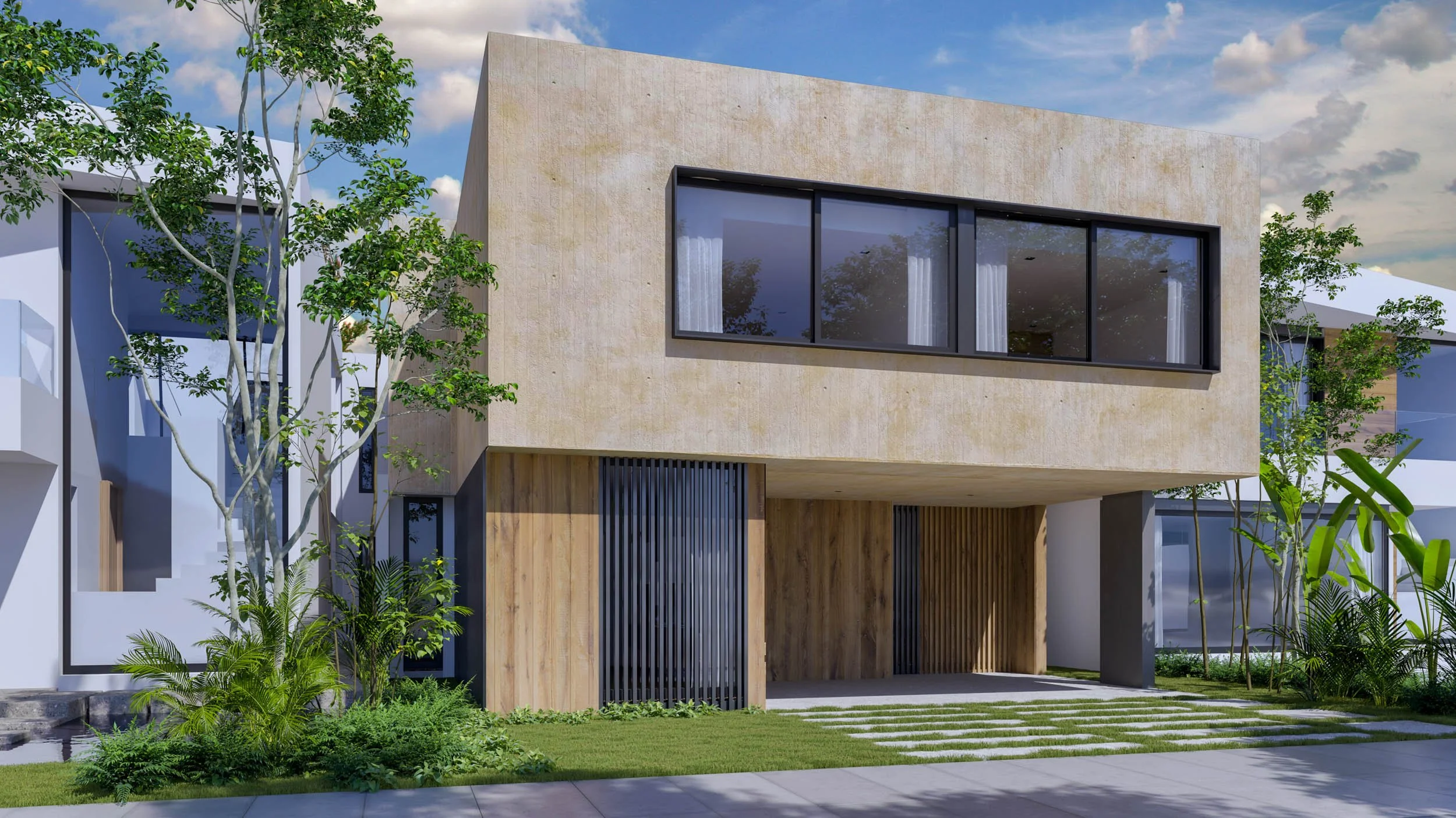 Render frontal de Casa OA en Puerto Aventuras, Q. Roo. Vivienda unifamiliar de 3 recámaras con alberca, muros de concreto pigmentado y detalles en madera.