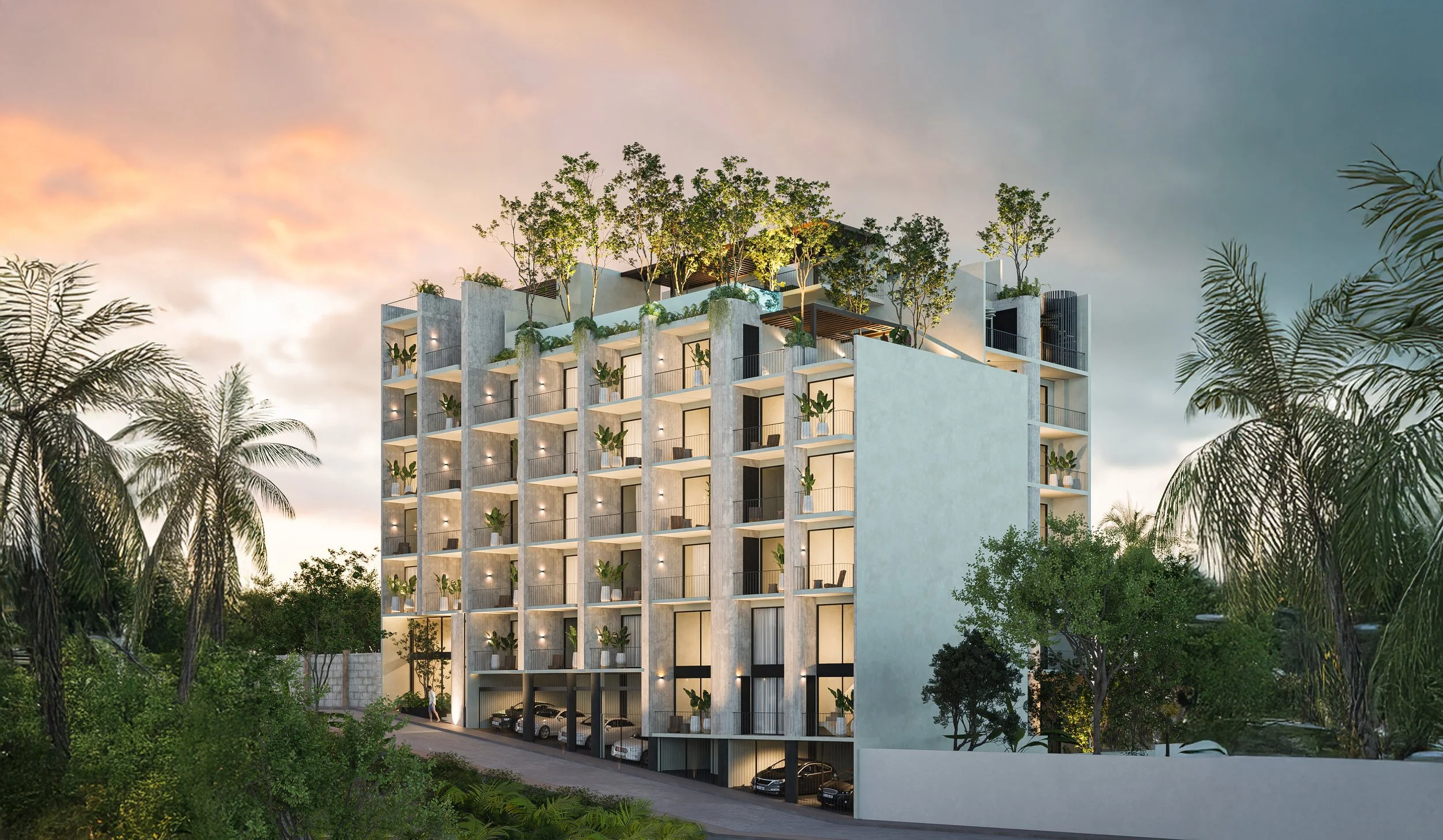 Fachada principal de Xaca en Playa del Carmen, Q. Roo. Desarrollo habitacional vertical con 58 unidades: estudios, estudios PH y Loft. Arquitectura sobria y funcional.