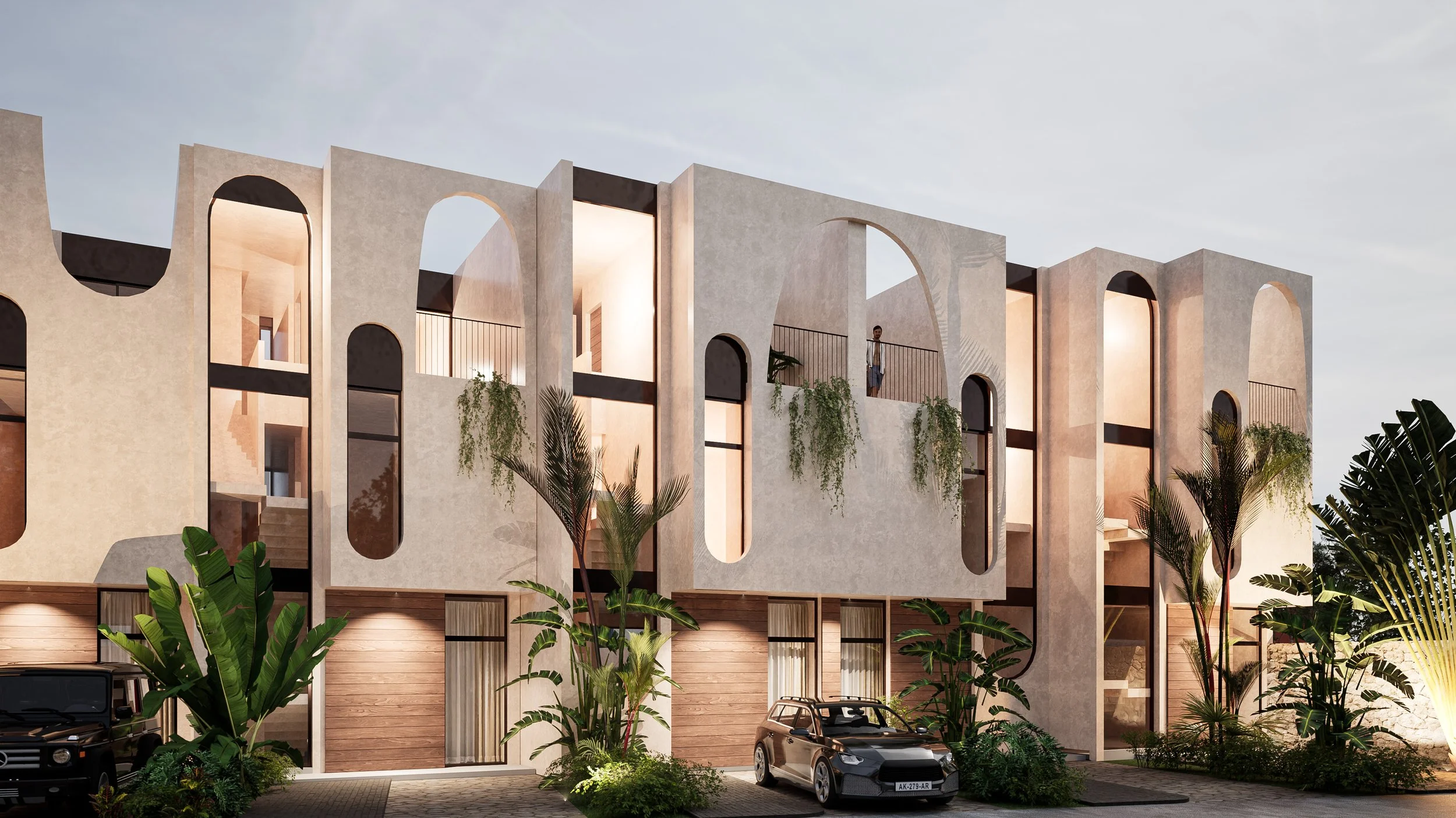 Vista general de Palma Blanca playa del Carmen, Q. Roo. Desarrollo habitacional horizontal de 9 unidades con arquitectura cálida, natural y tipologías de 2 recámaras.