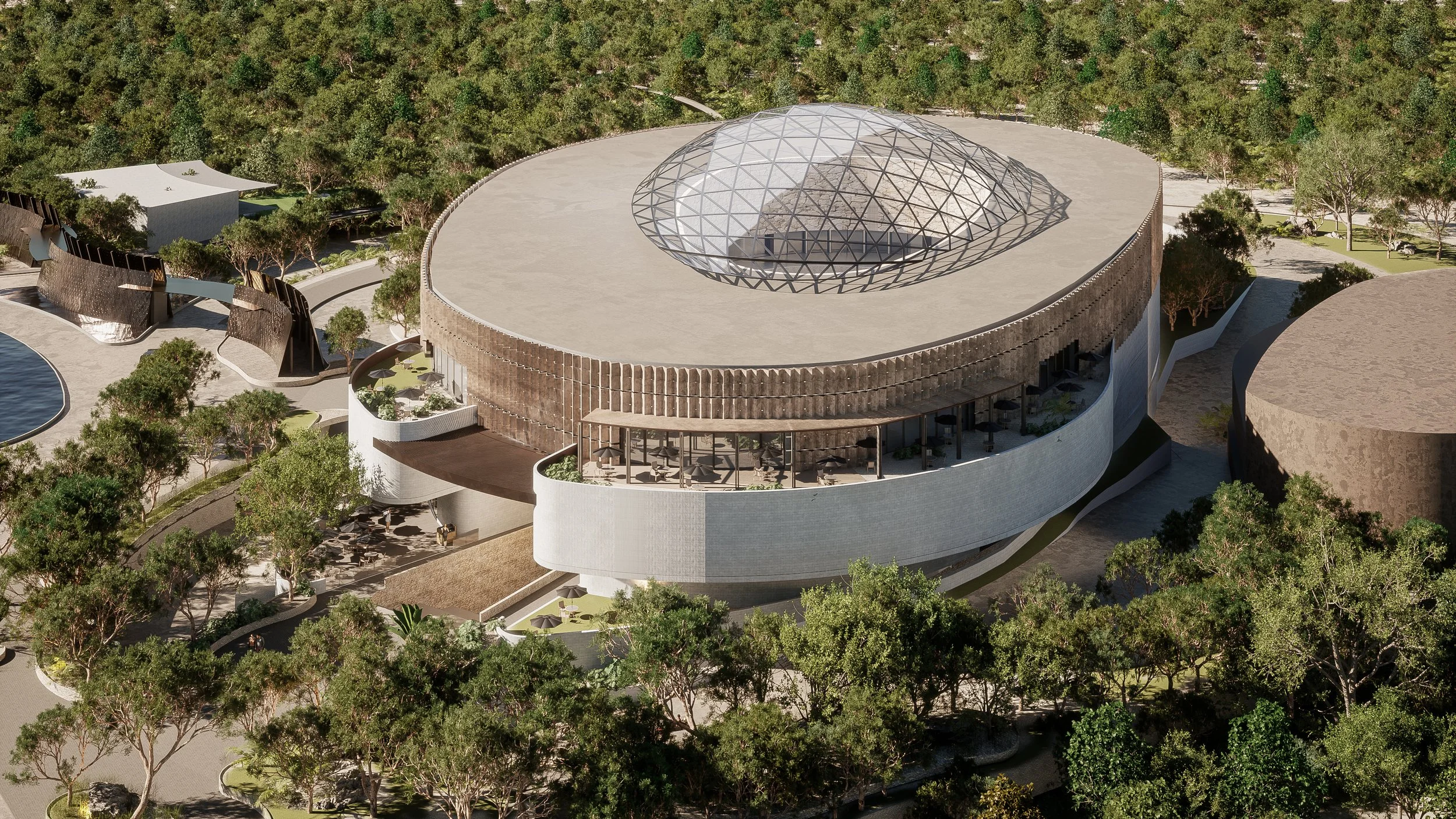 Render de arquitectura comercial contemporánea con formas curvas y materiales claros, integrada al paisaje natural. Diseño conceptual de centro comercial.