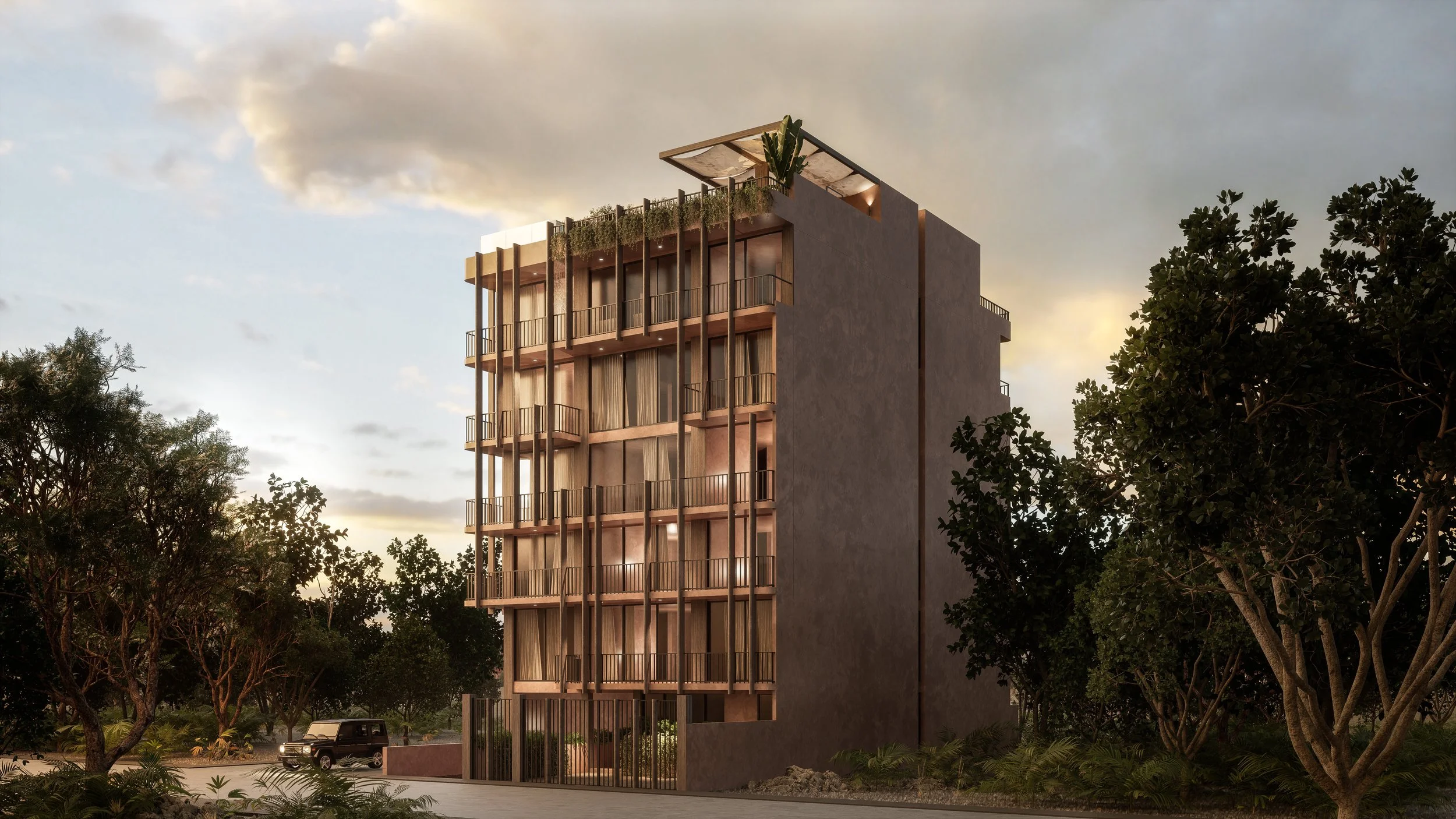 Edificio de arquitectura habitacional vertical con fachada de concreto y elementos en madera, diseñado para contexto urbano tropical.