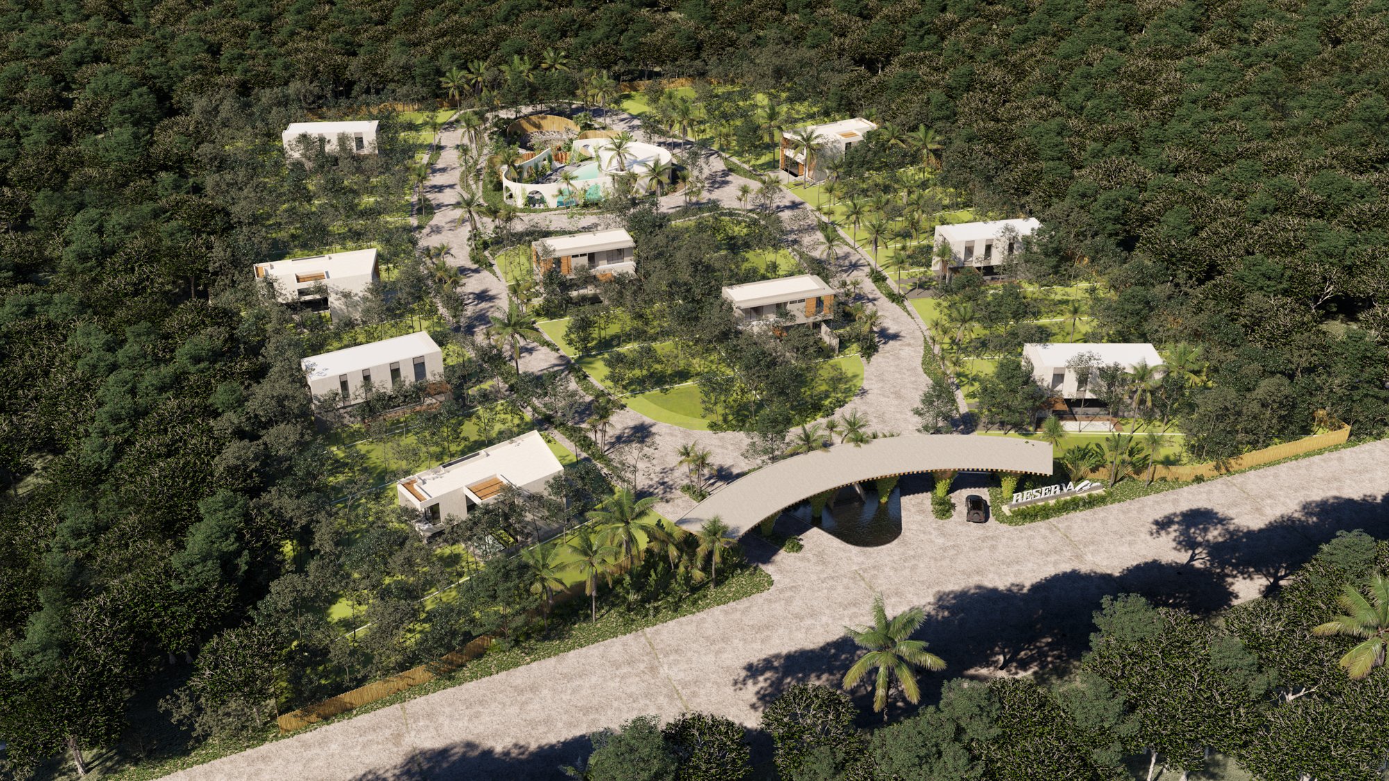 Vista aérea de conjunto urbano con lotes organizados y vialidades curvas dentro de vegetación densa. Diseño de planificación urbana sostenible.