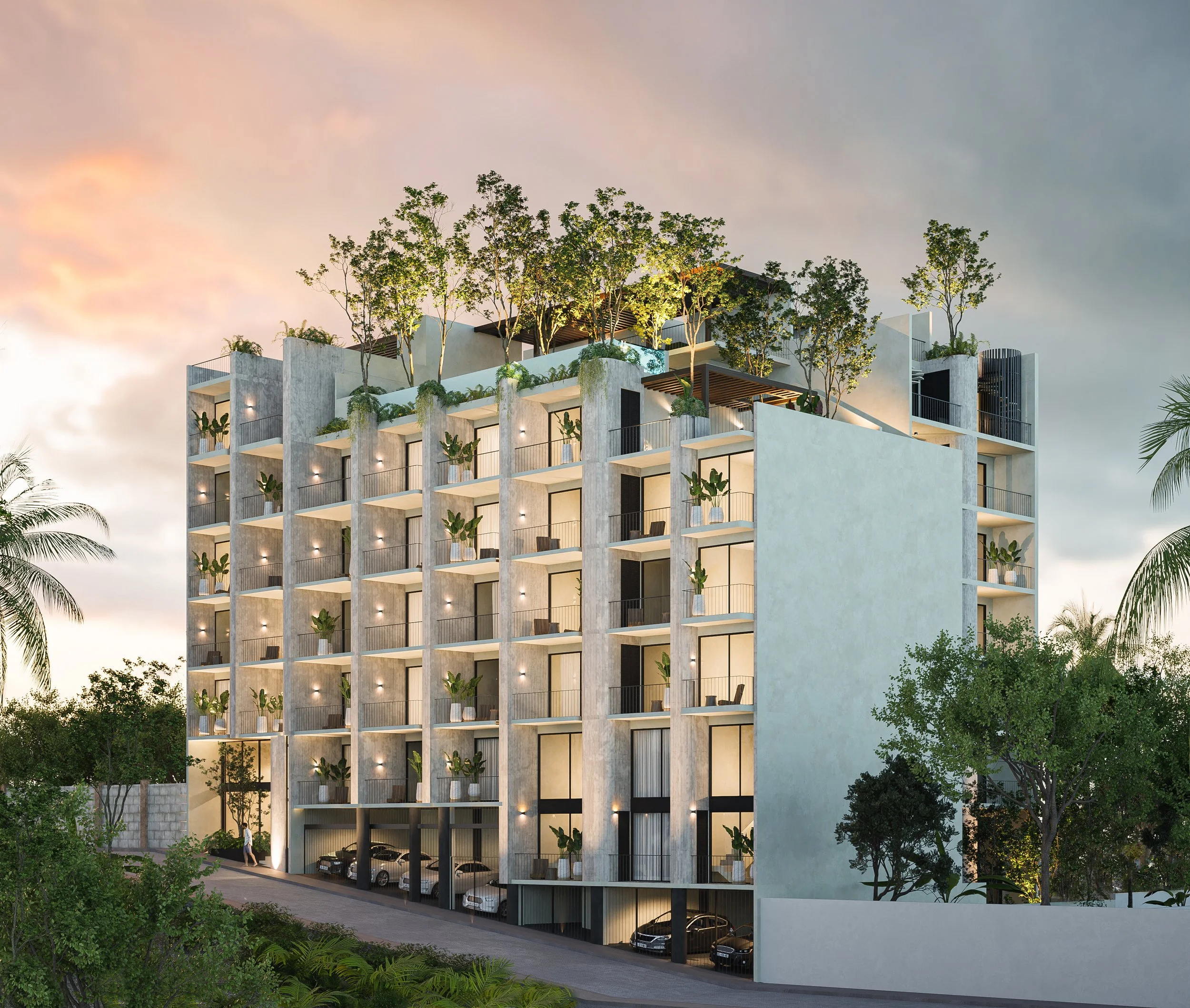 Xacá, edificio habitacional de 58 departamentos en Playa del Carmen, diseño moderno con acabados cálidos, roof garden y fachada contemporánea.