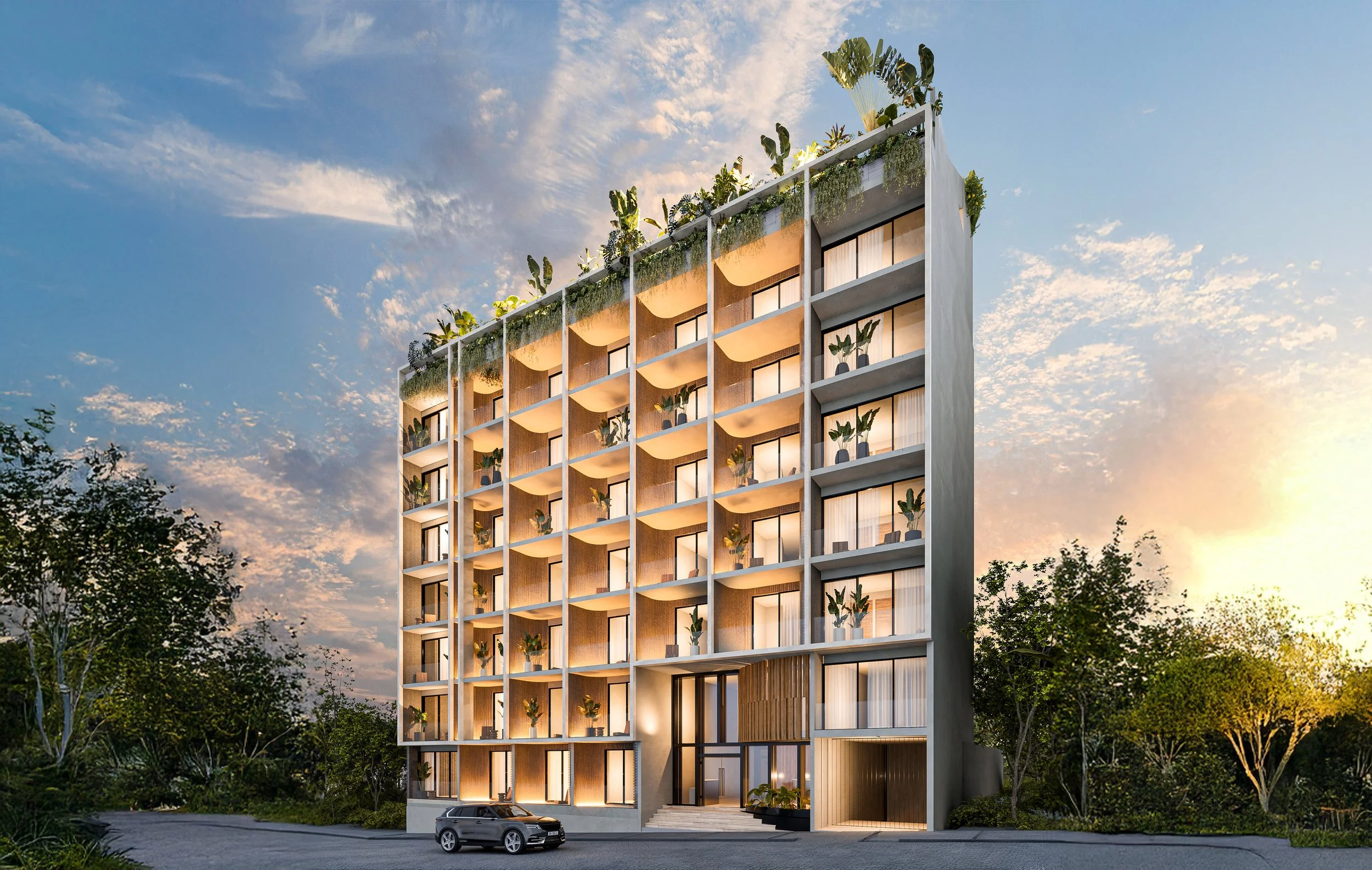 Quaranta, edificio habitacional de 76 departamentos en Playa del Carmen, diseño minimalista con fachada geométrica y enfoque en eficiencia espacial.