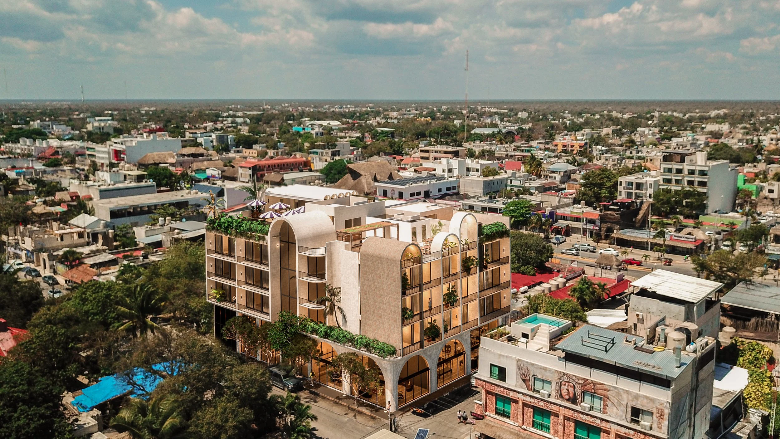 Render del proyecto La Plage, complejo en construcción con 20 departamentos y 6 locales comerciales en la Riviera Maya.