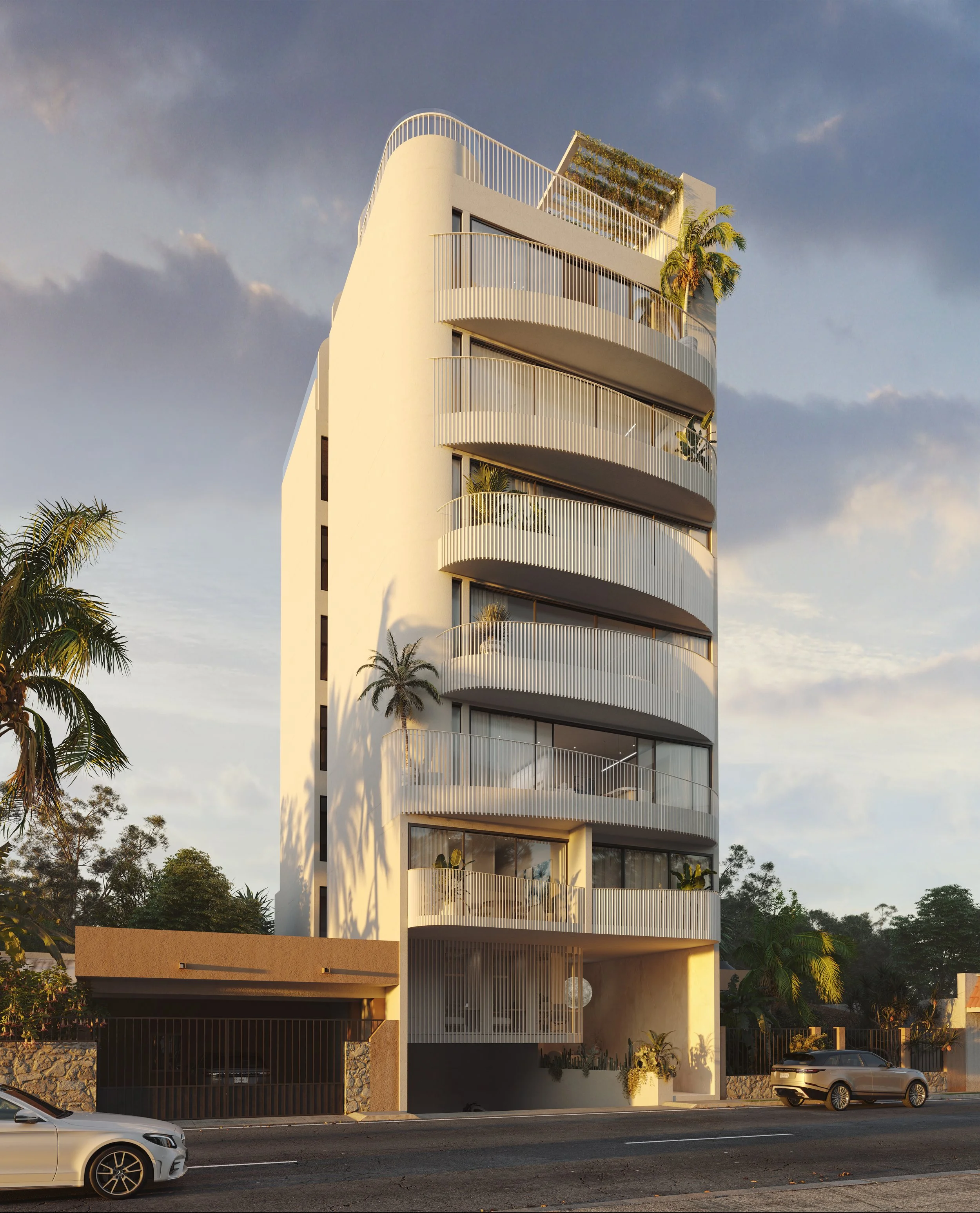 Diseño arquitectónico de Luna Residences, un edificio en construcción con 16 departamentos en Playa del Carmen.