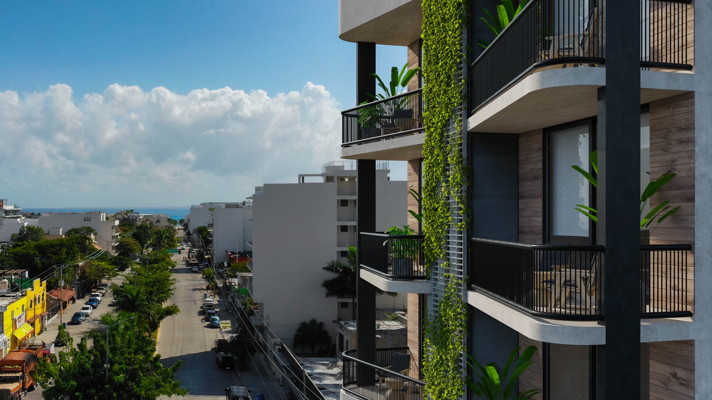 Imagen de Sun Tower, una construcción finalizada en 2019, destacada por su diseño moderno en la Riviera Maya.