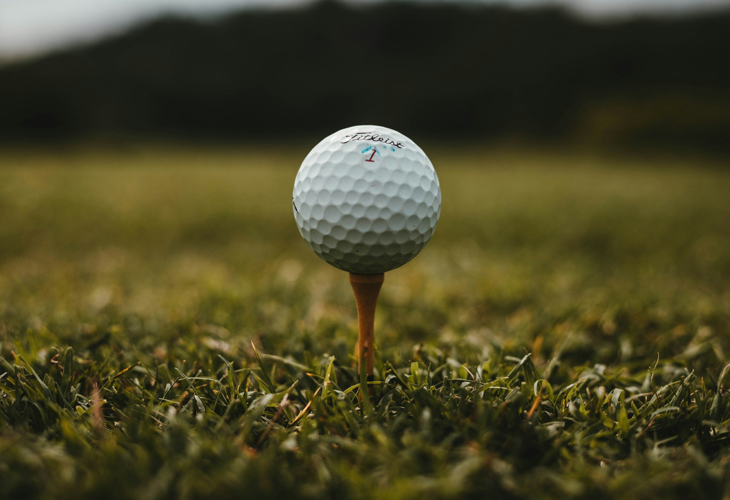 A close-up of a golf ball positioned on a tee in the grass, with a blurred background.