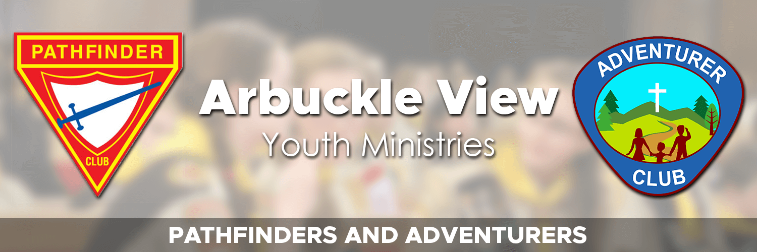 Banner featuring logos of Pathfinder Club and Adventurer Club, with text "Arbuckle View Youth Ministries" and "Pathfinders and Adventurers" in the background.