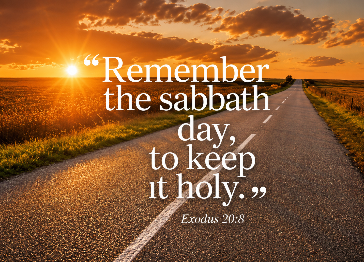 A road extending into the horizon during sunset with a quote overlaid that reads: ‘Remember the sabbath day, to keep it holy.’ Exodus 20:8.