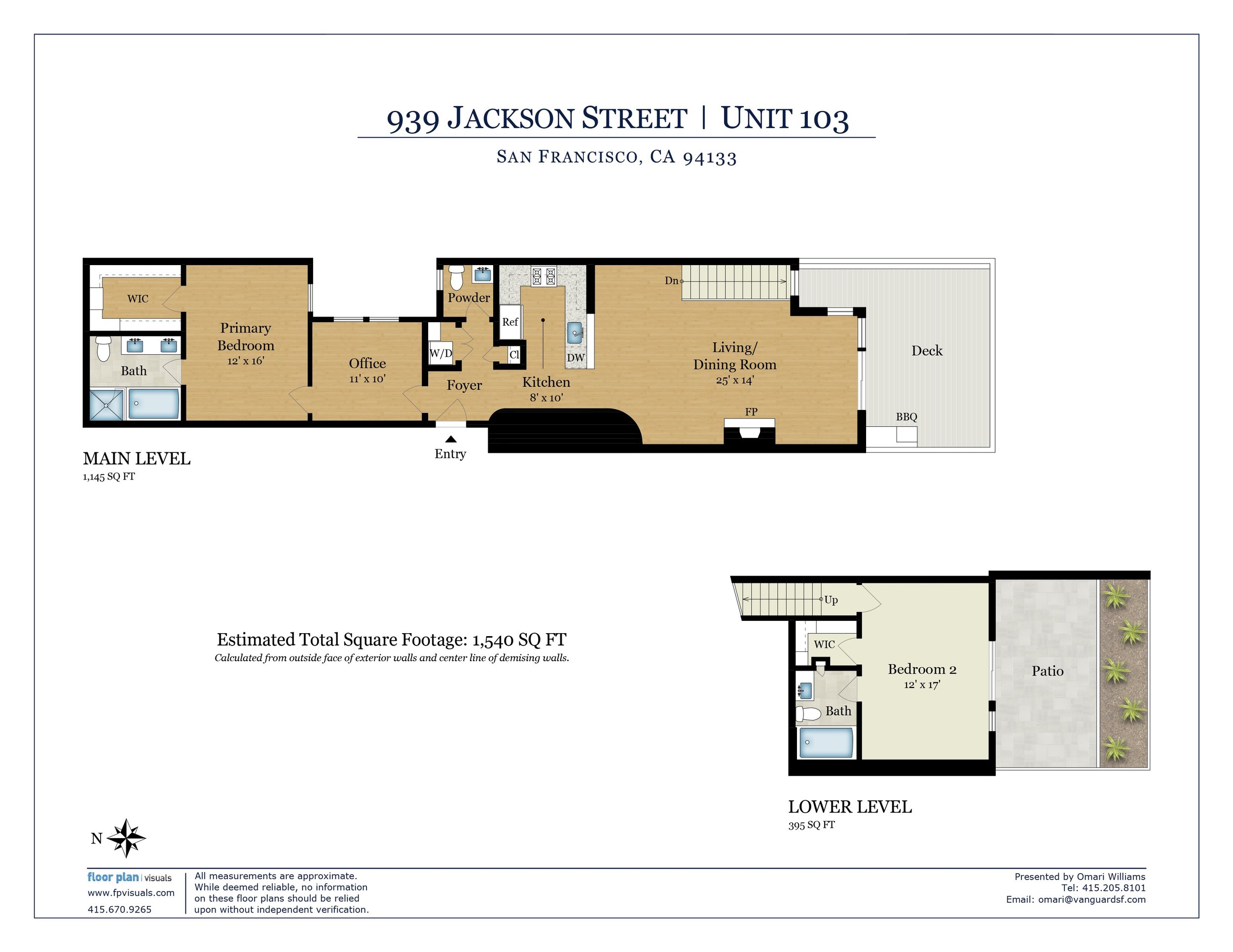 Floor plan of two levels: main level and lower level, of a house located at 939 Jackson Street, with various rooms including bedrooms, bathrooms, kitchen, dining, living area, office, deck, patio, walk-in closet, and stairs.