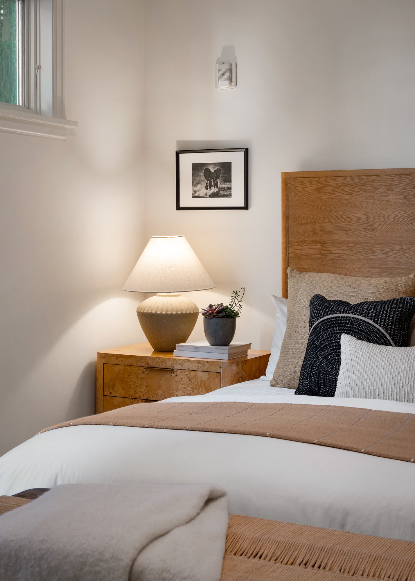 A bedroom with a wooden headboard, black and white pillows, a beige bedspread, a bedside table with a lamp, a framed black and white photo of an elephant, and a window with greenery outside.