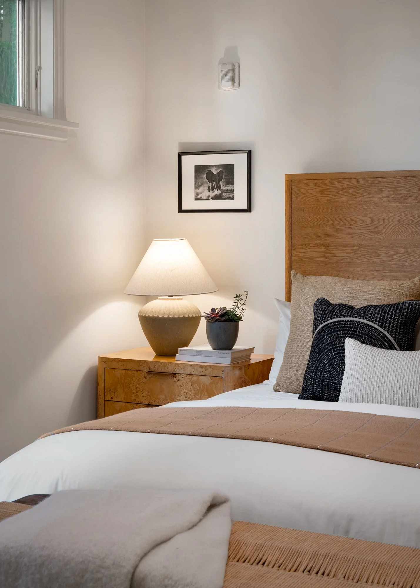 A bedroom corner with a bed, black, beige, and white pillows, a wooden nightstand with a beige lamp, a small potted succulent, and a closed book. The wall has a photo of an elephant and a small window with greenery outside.