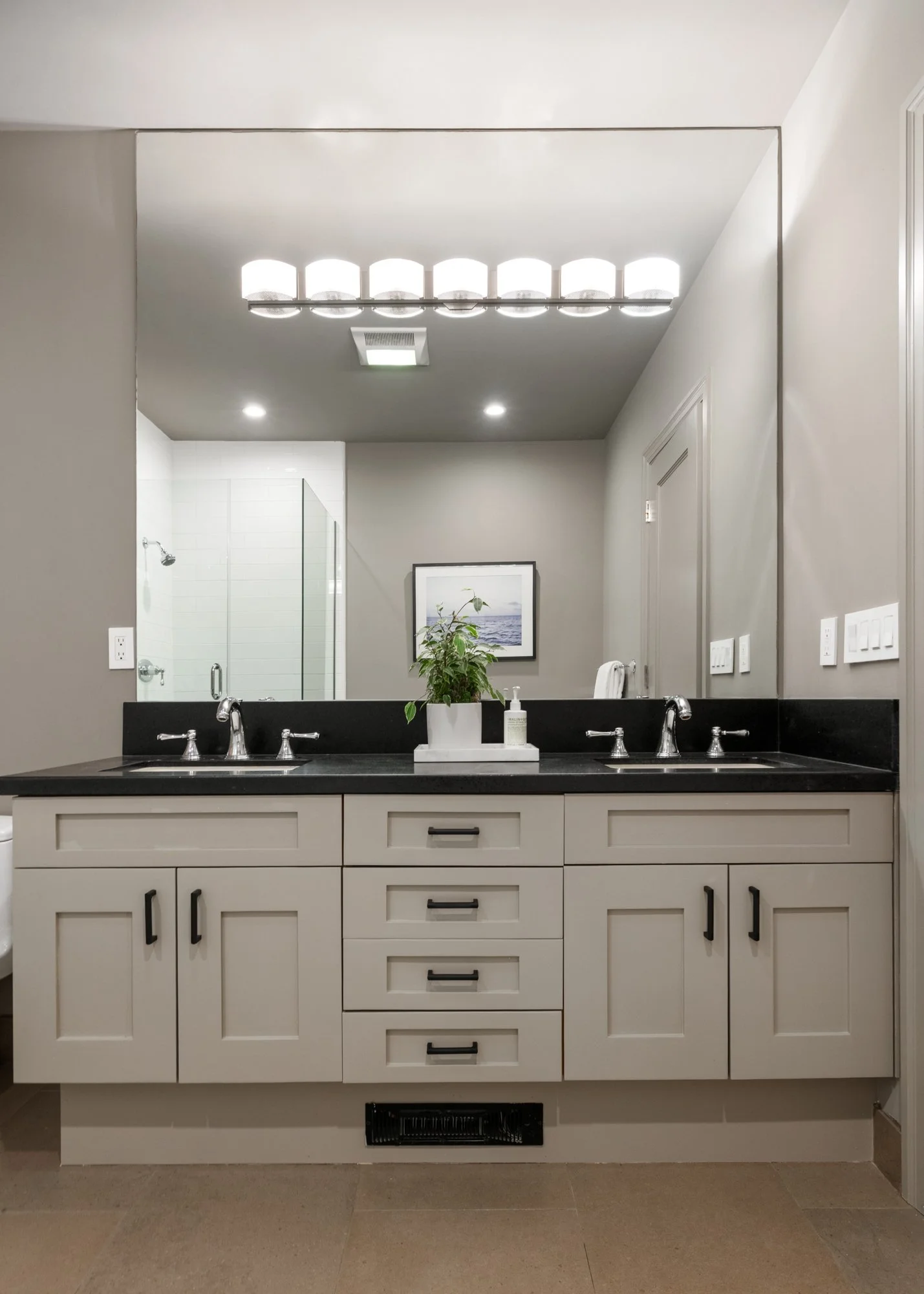 Bathroom vanity with double sinks, white cabinets, black countertop, and a mirror. There is a plant and a soap dispenser on the counter. A large mirror reflects ceiling lights and a framed picture of the ocean with a plant in front.