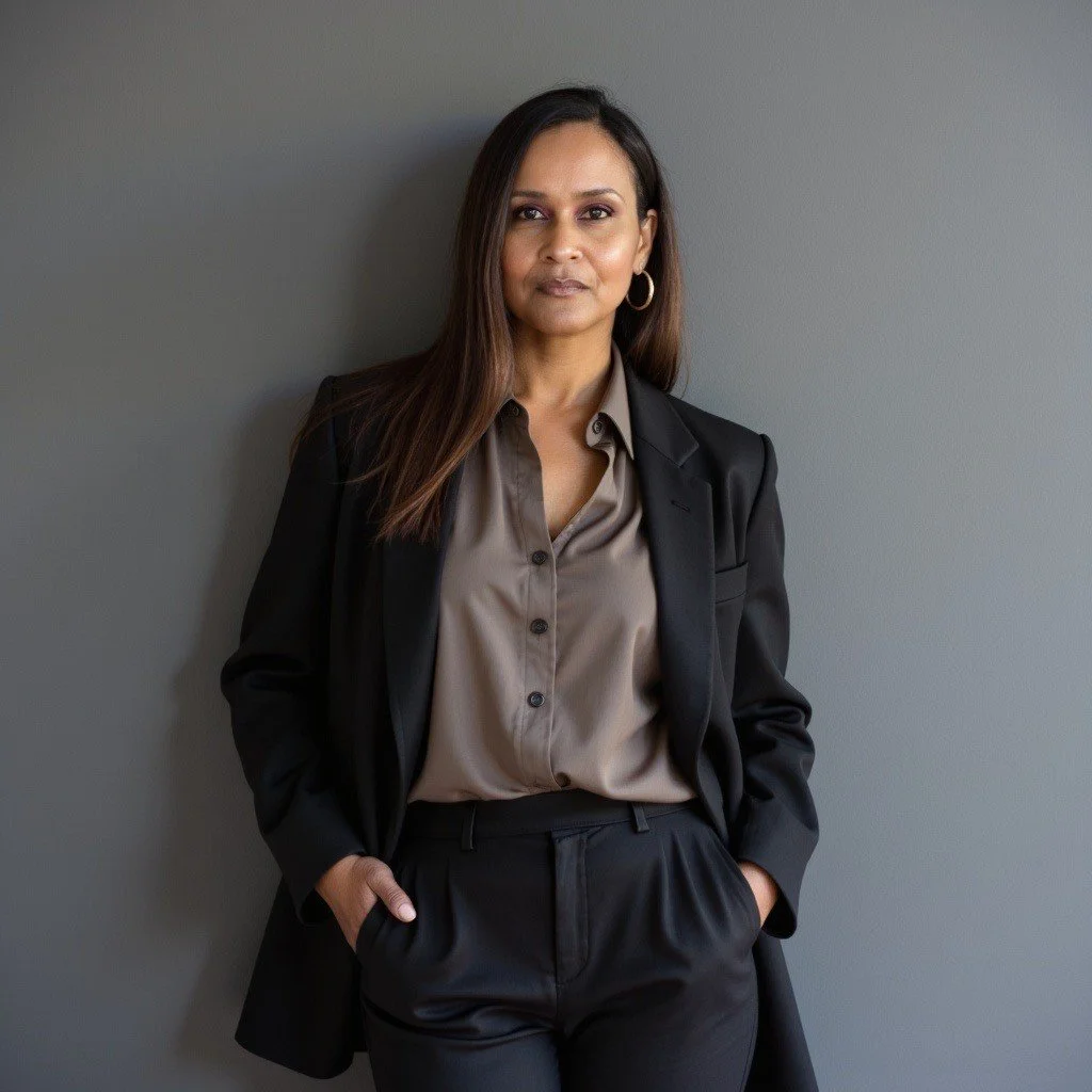 A woman with medium-length brown hair, wearing hoop earrings, a black blazer over a beige blouse, and black pants, standing against a plain gray wall with hands in her pockets and a confident expression.