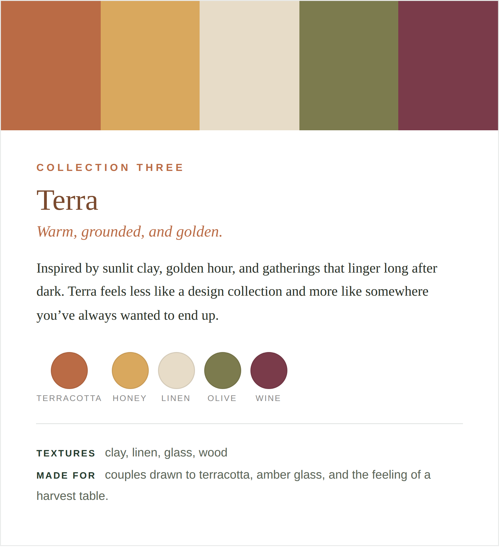 A webpage section introducing 'Collection Three' called 'Terra', featuring a color palette with five circular swatches labeled terracotta, honey, linen, olive, and wine. Text describes Terra as warm, grounded, and golden, inspired by sunlit clay and 
