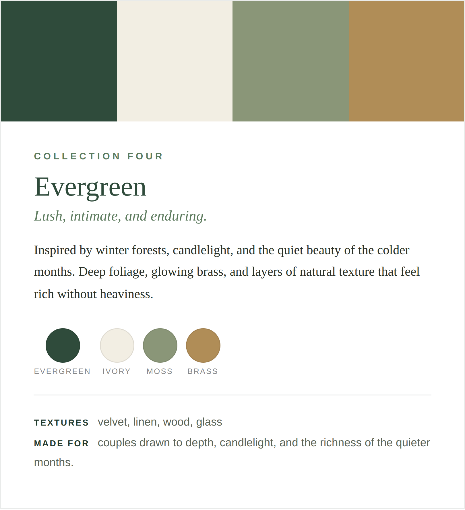 Webpage section titled 'Collection Four' featuring a color palette of four colors labeled Evergreen, Ivory, Moss, and Brass. The page discusses an Evergreen color inspired by winter forests, candlelight, and quiet months, with textures such as velvet