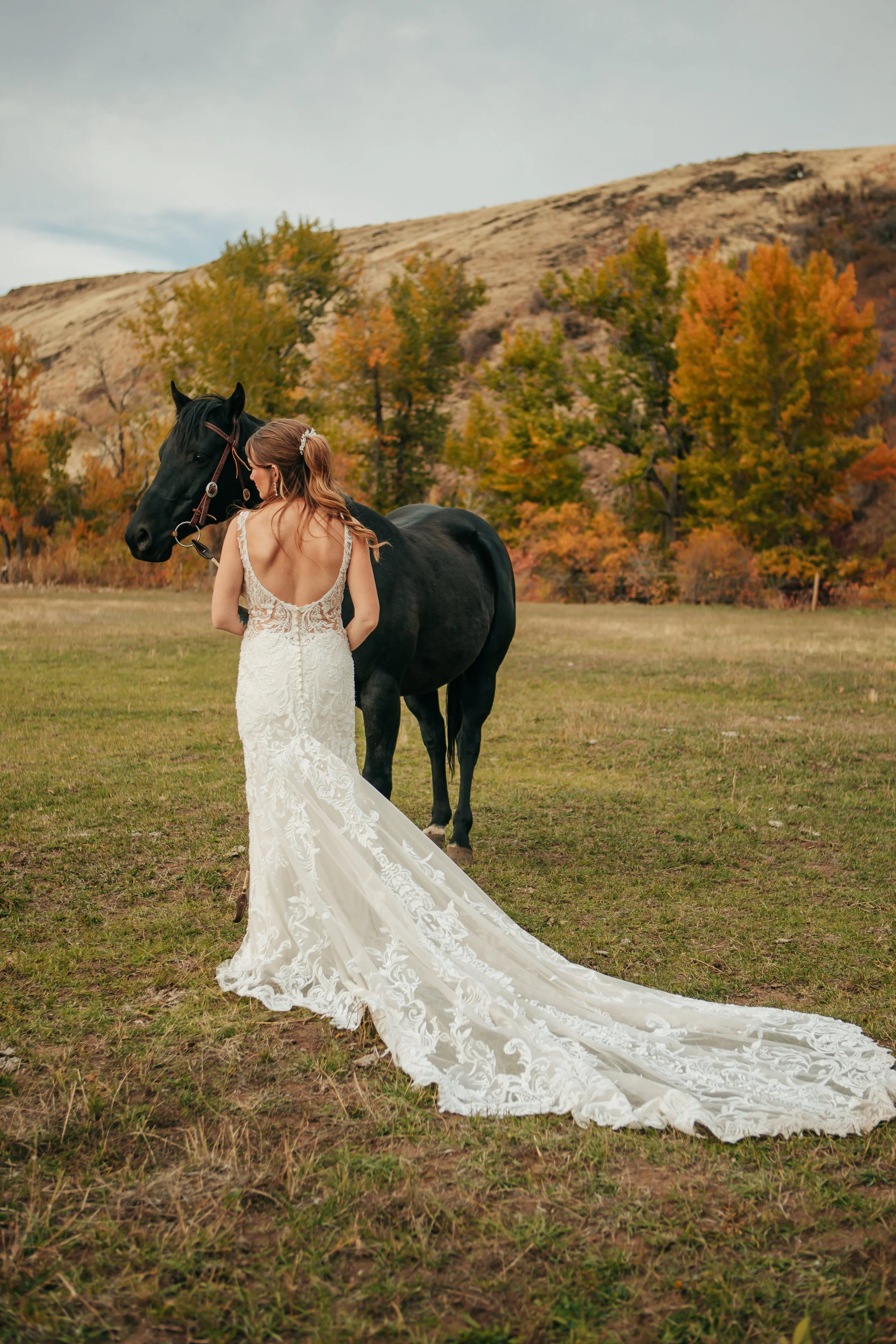 A woman in a white wedding dress standing in a field at Riverwild Weddings & Events with a black horse, surrounded by trees with autumn foliage and a hillside in the background.