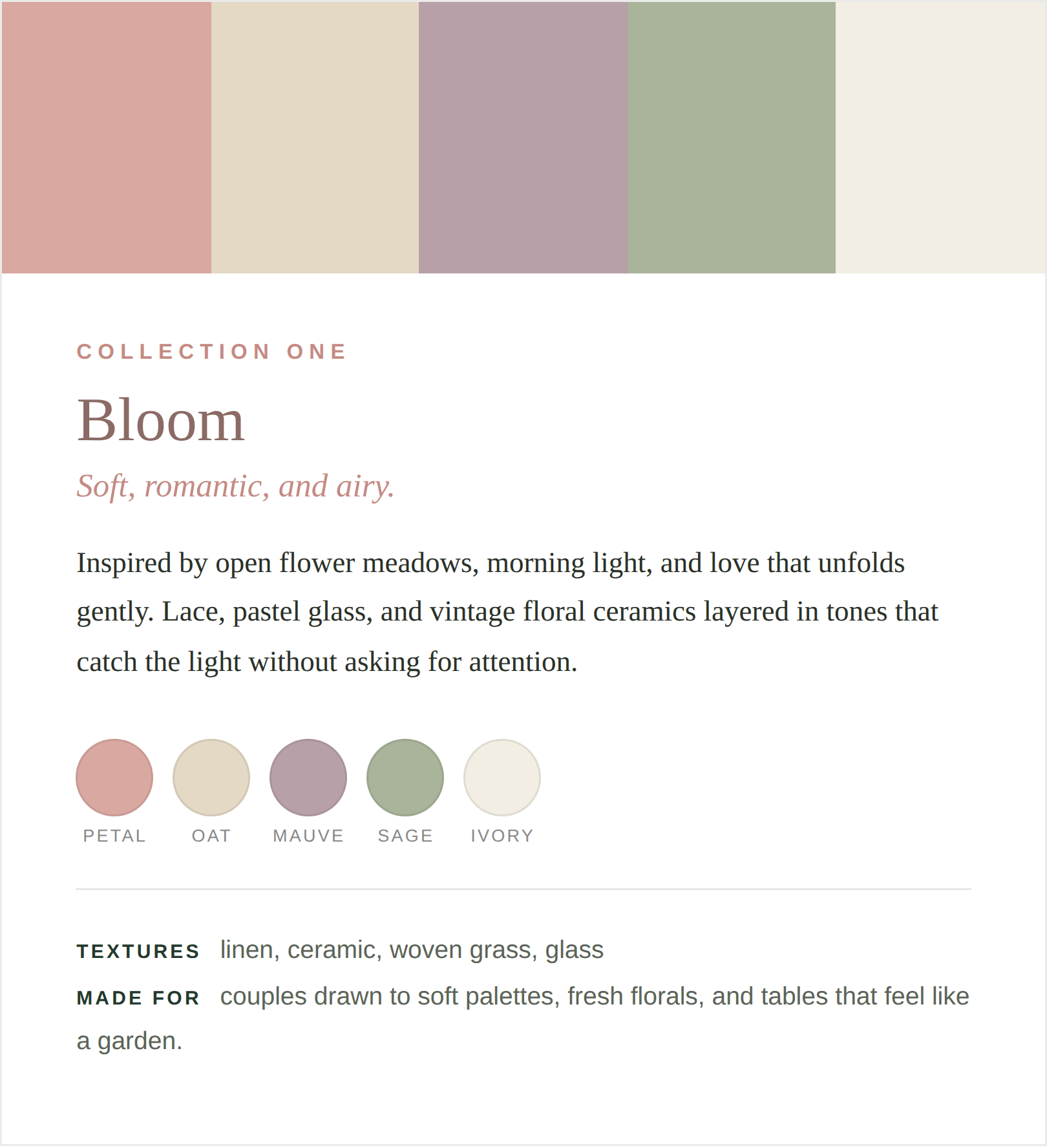 Text and color palette showcasing various shades of pink, beige, purple, green, and cream with floral and nature-inspired descriptions, including petal, oat, mauve, sage, and ivory colors.