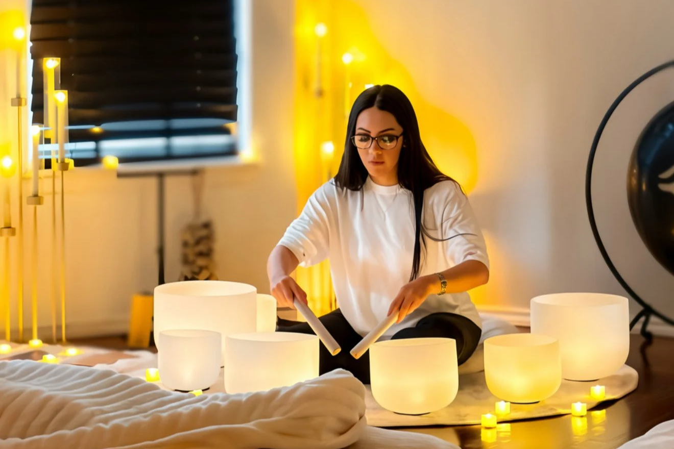A woman sitting cross-legged on the floor surrounded by illuminated white bowls and candles, decorating or tuning a musical instrument in a warmly lit room with yellow string lights and a window with blinds.