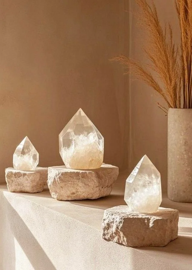 Three decorative crystal sculptures resting on stone bases, arranged in a line, with a tall vase containing dried grasses in the background.