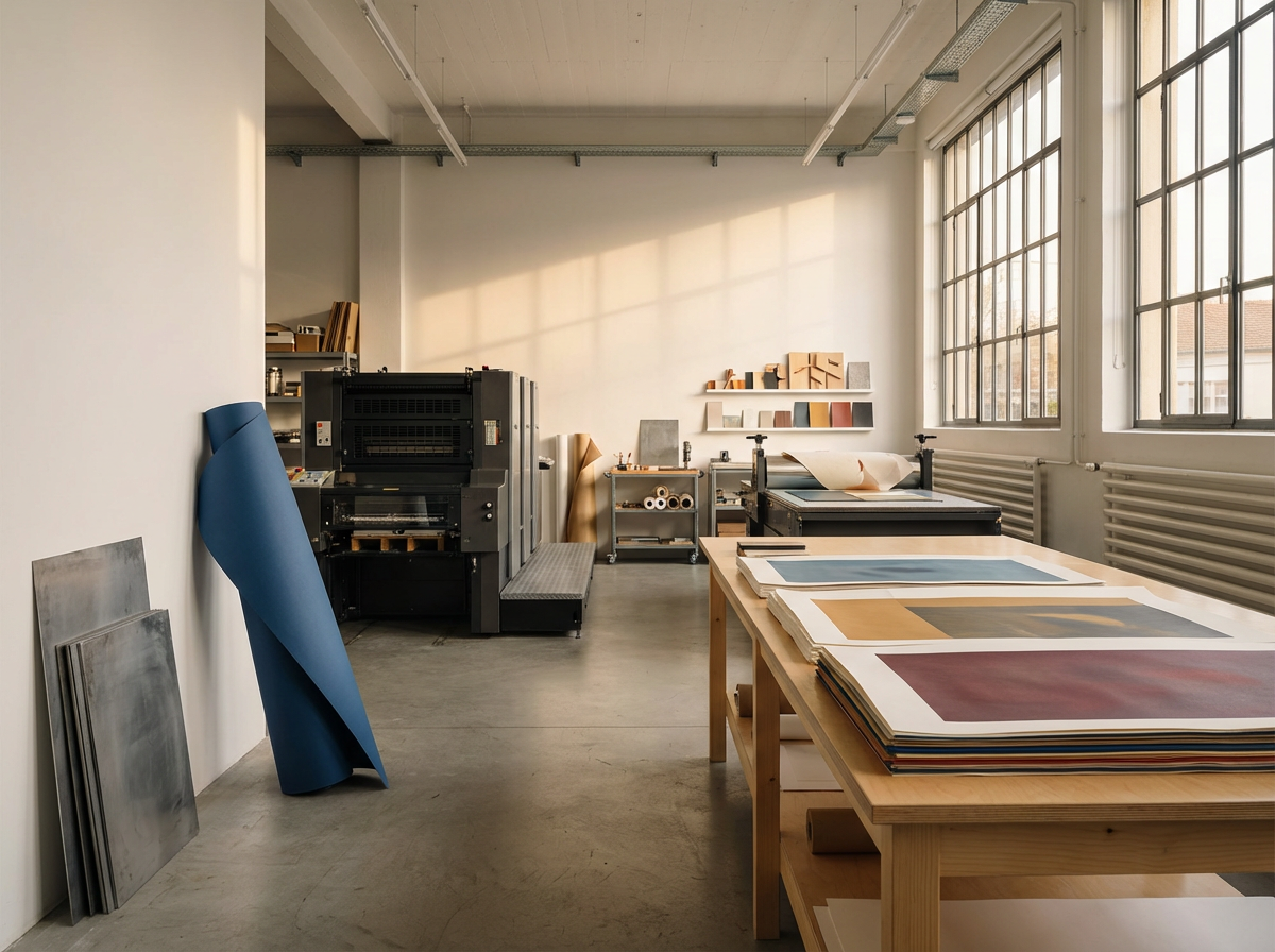 A bright art studio with wooden tables displaying large sheets of paper and artwork, large industrial windows allowing natural light, walls with shelves holding various art supplies and materials, and printing or press equipment in the background.