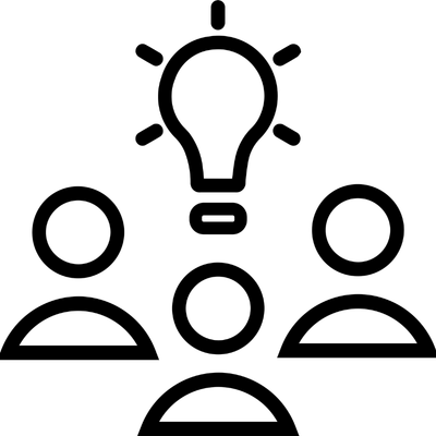 Icon depicting leadership with three abstract people figures and a lightbulb above the head of the central figure
