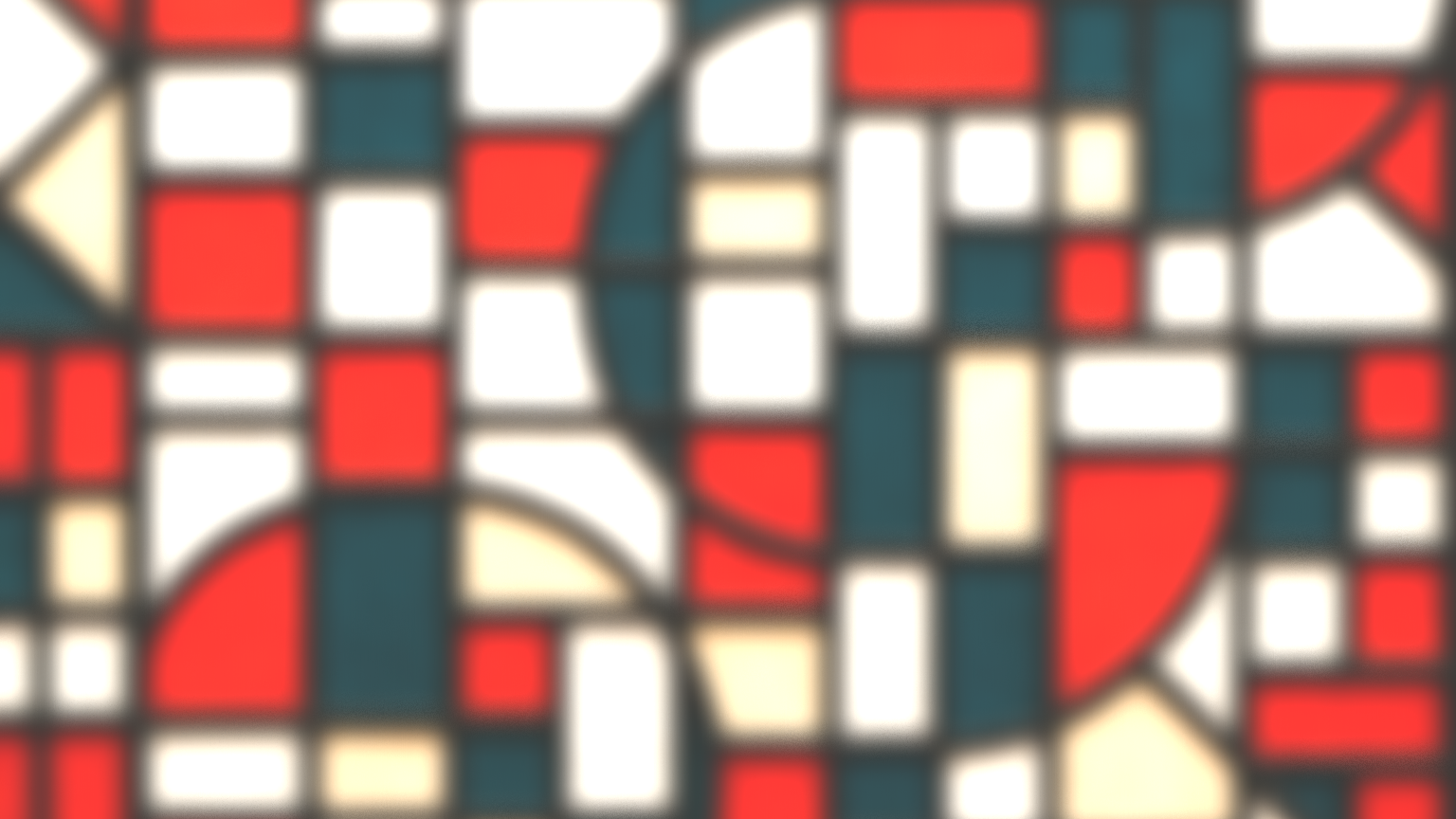 Abstract geometric pattern with red, white, teal, and cream shapes and black borders.